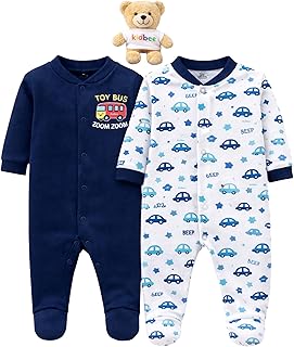 Kidbee Baby Romper Pack of 2 | Soft Cotton Hosiery Fabric | Front Open Snap Buttons | Full Sleeve Footed Sleepsuit | Print...