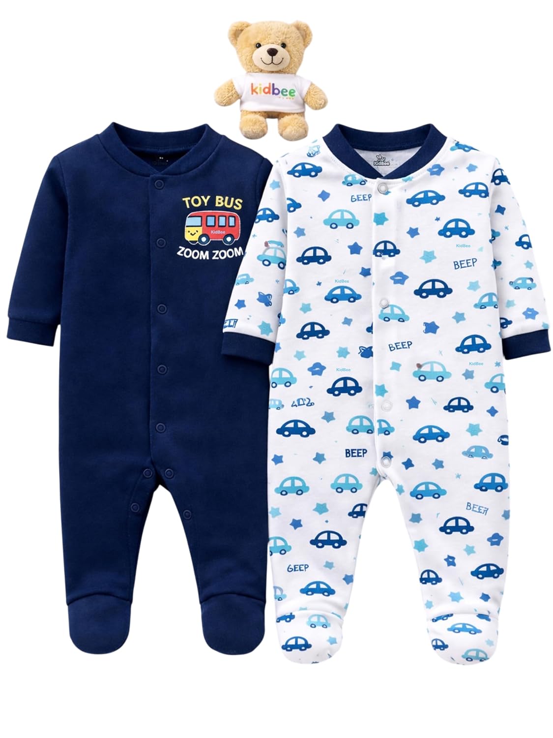 Kidbee Baby Romper Pack of 2 | Soft Cotton Hosiery Fabric | Front Open Snap Buttons | Full Sleeve Footed Sleepsuit | Print... - Review, Price and Buying Guide