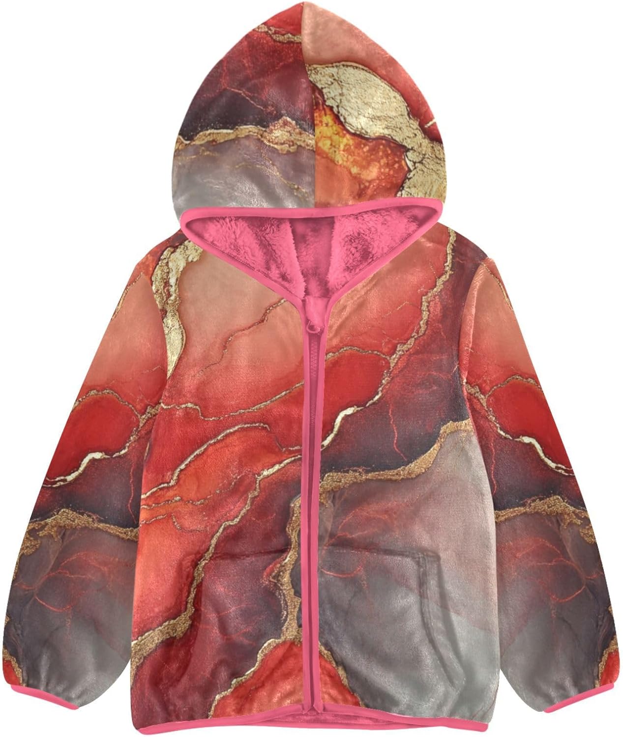 GuoChe Marble Red Neutral Girls Sherpa Jacket With Hood
