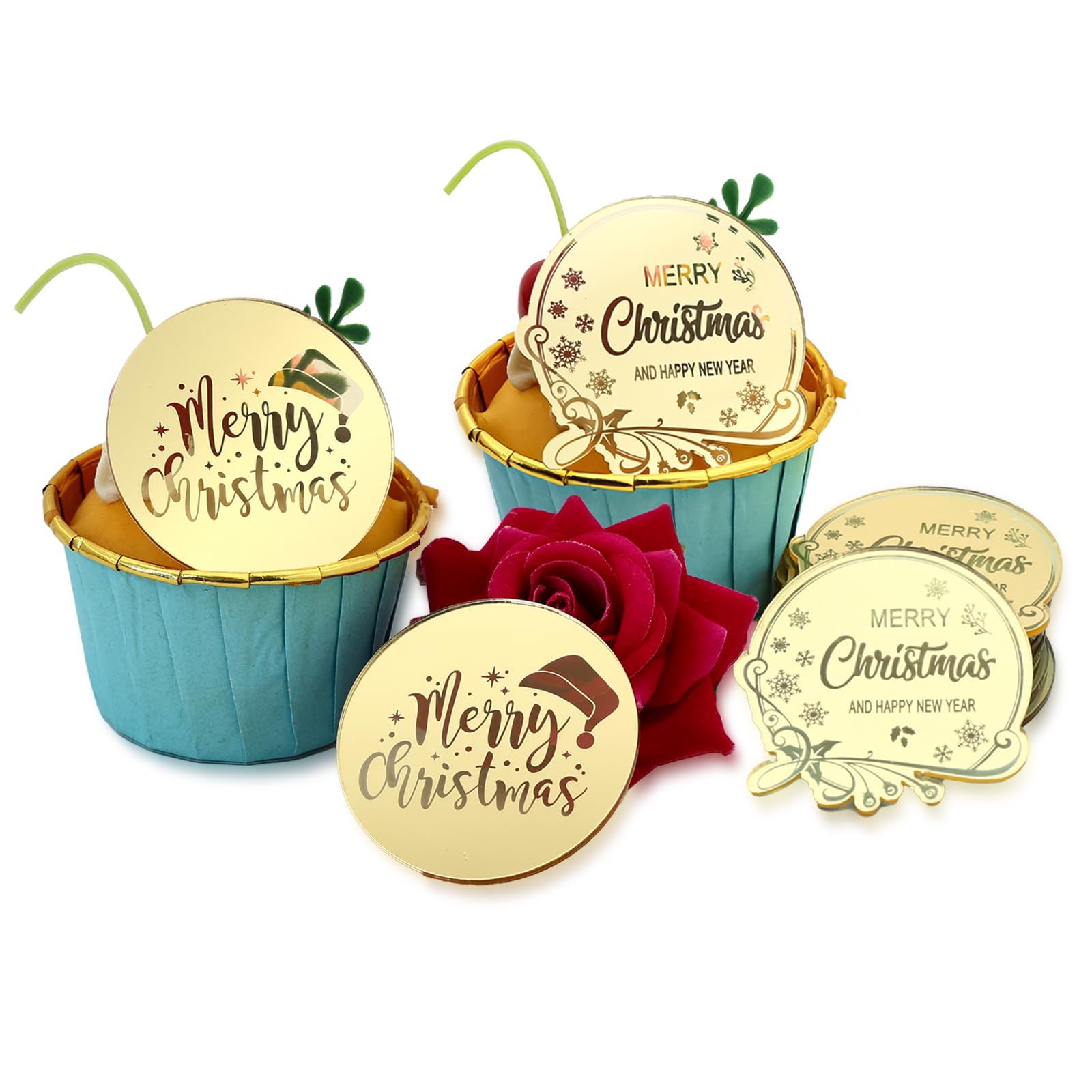 Merry Christmas Acrylic Cupcake Toppers, 24 Pieces, Acrylic Gold Mirror Disc Xmas cupcake picks New year Party Cake Decorations