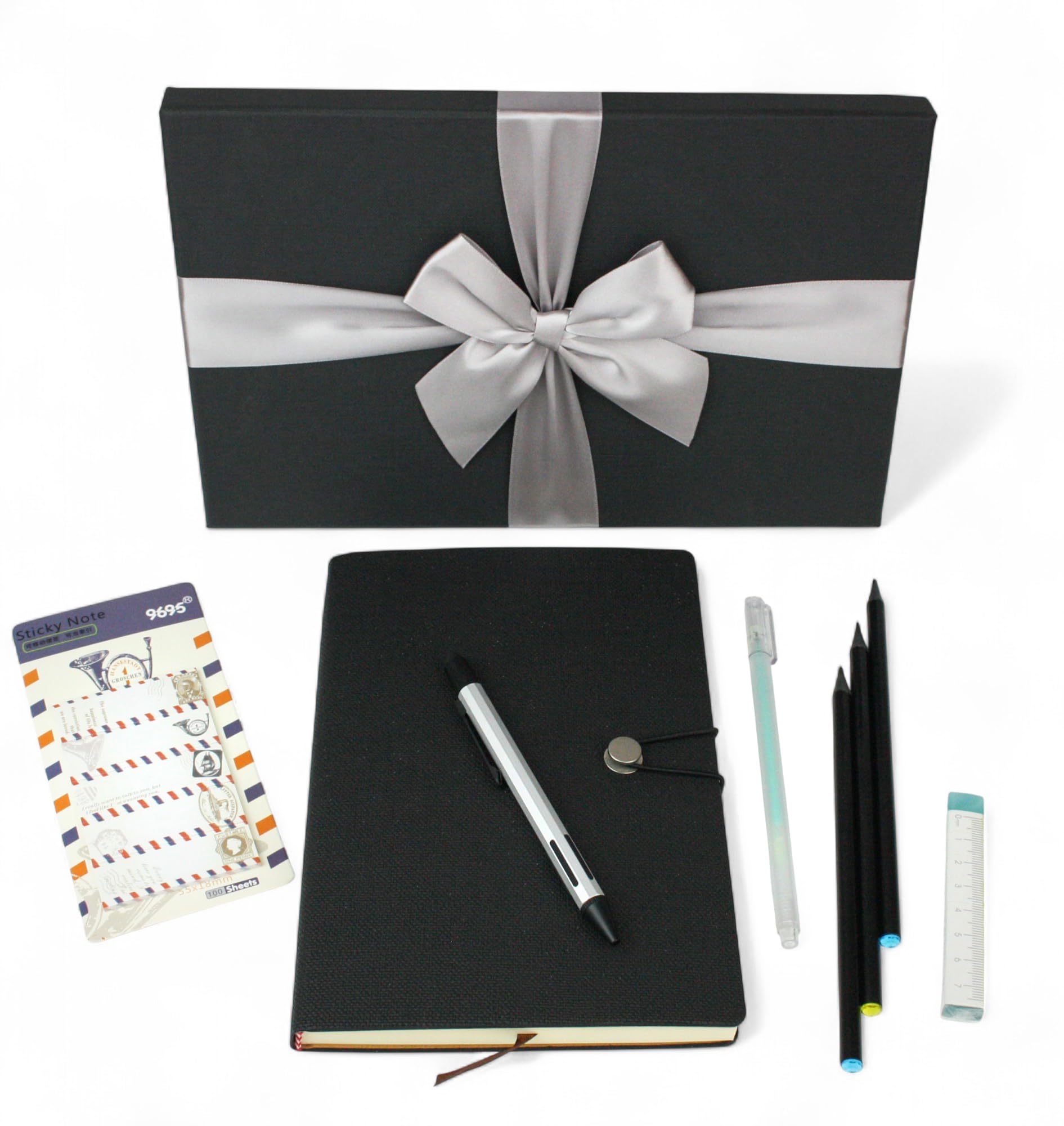 Emartbuy Luxury Black Stationery Gift Set with Notebook, Pen, Pencils, Ruler & Sticky Notes | Elegant Office & Writing Gift Box for Professionals, Students, Birthdays & Corporate Gifting