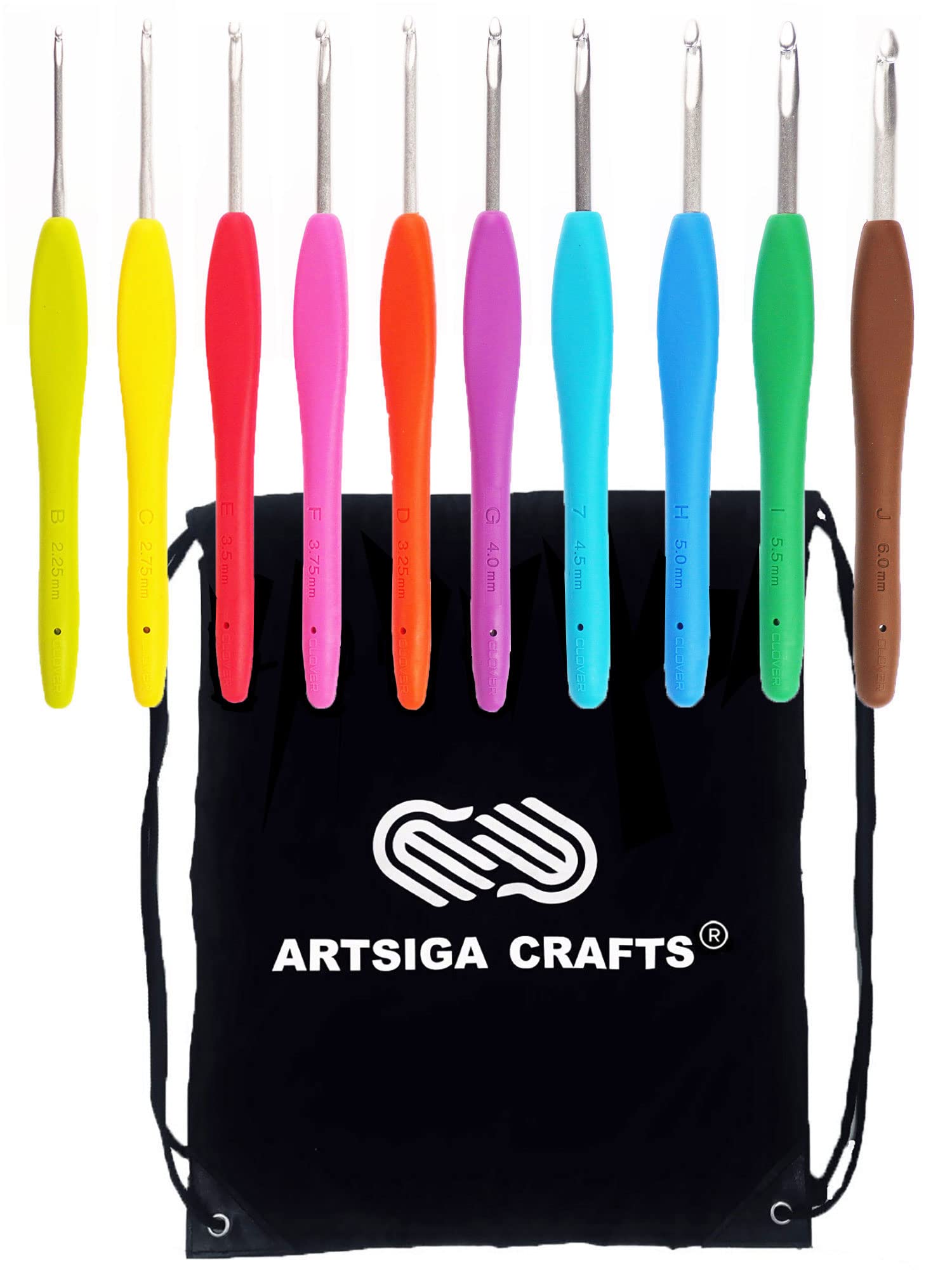 Clover Needlecraft Amour Crochet Hooks Gift Set 10/Pkg Sizes B to J Bundle Without Case Bundle with 1 Artsiga Crafts Project Bag 3672