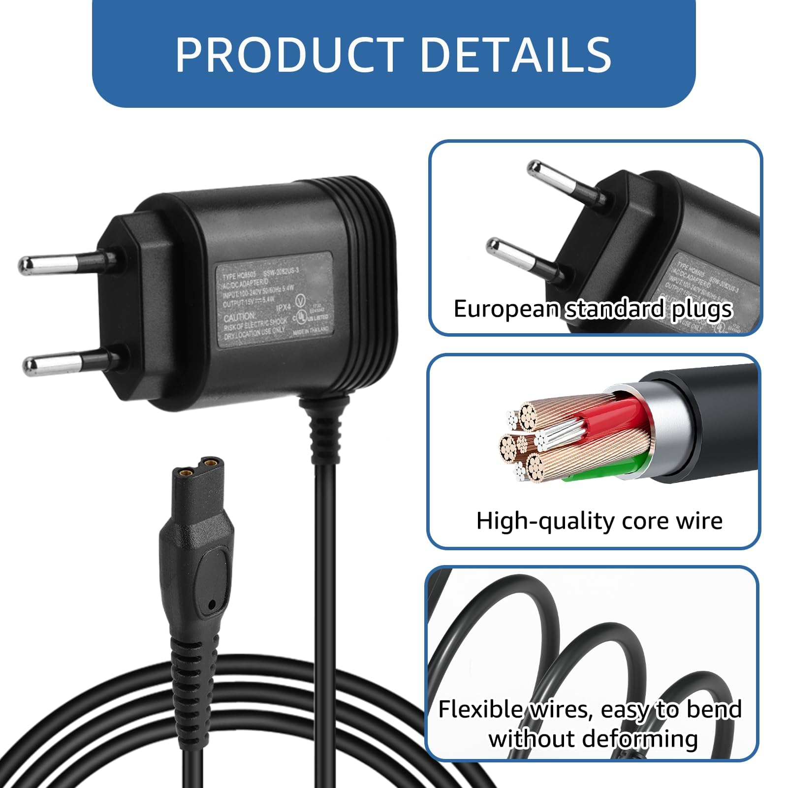15 V Caricabatterie Rasoio Compatibile con Philips HQ8505 3000, 5000, 7000, 9000 MG7745, MG7730, MG7720, MG7710, QP6510, QP6520, QP6530, QP6541, QP6550, QP6620, QP6650, RQ, HQ, AT, PT, serie BT