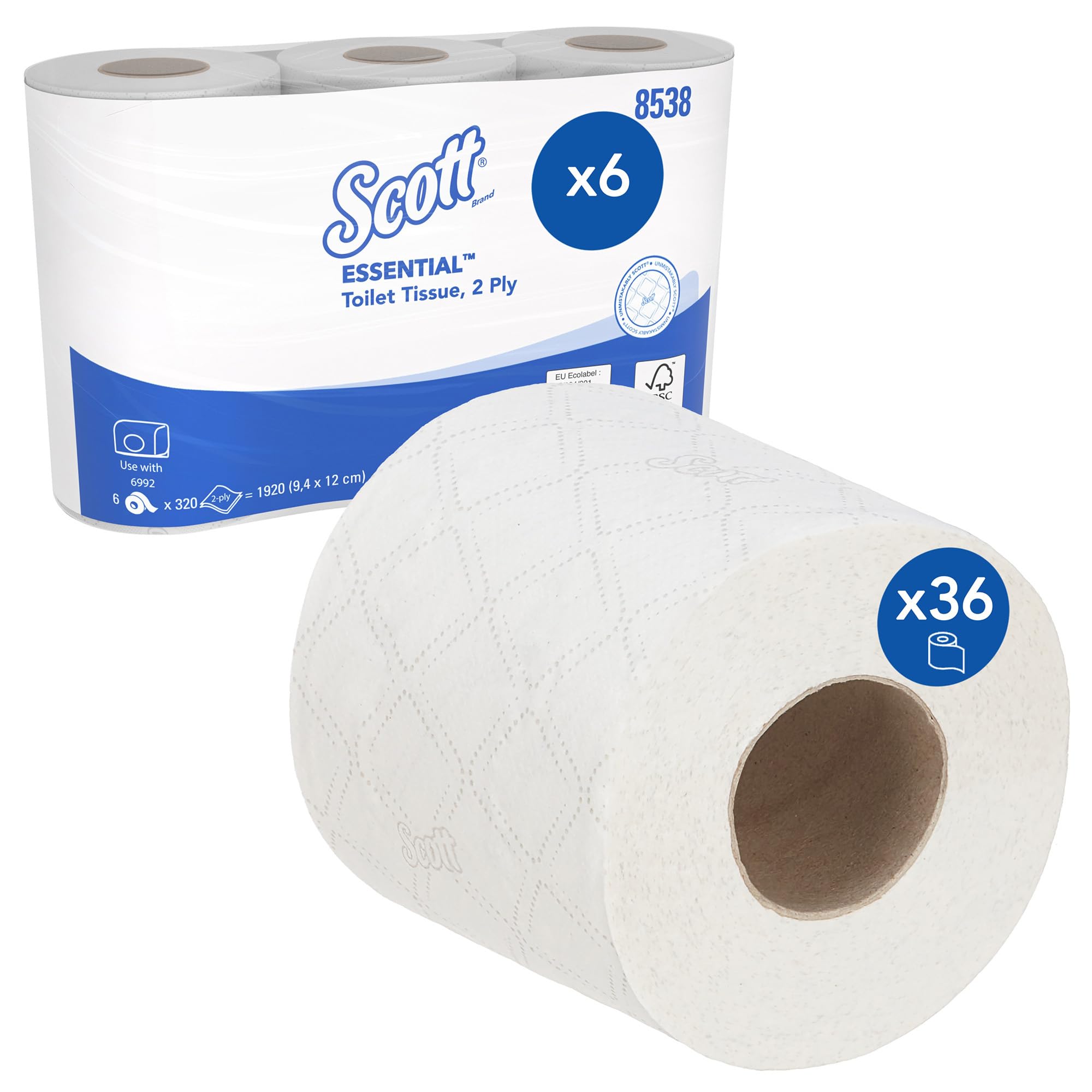 Scott Essential Toilet Paper 8538 – 2-Ply White Standard Rolls, Soft & Strong, FSC Certified – 6 Packs x 6 Rolls, 320 Sheets Each (36 Rolls / 11,520 Sheets Total)
