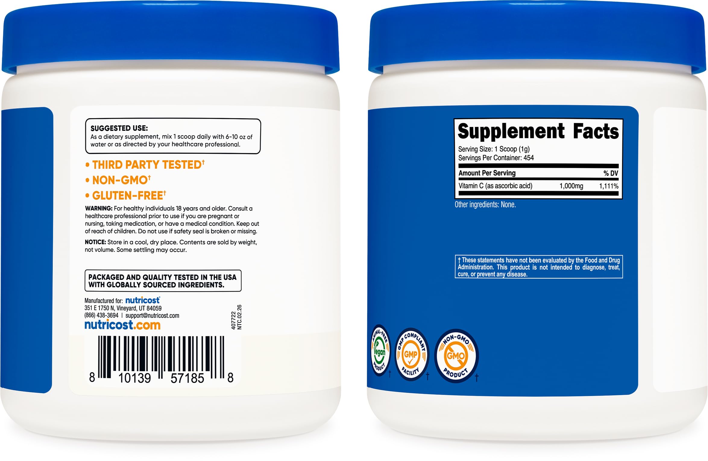 Nutricost Pure Ascorbic Acid Powder (1LB) Unflavored, Vitamin C Powder — Amazon image 7