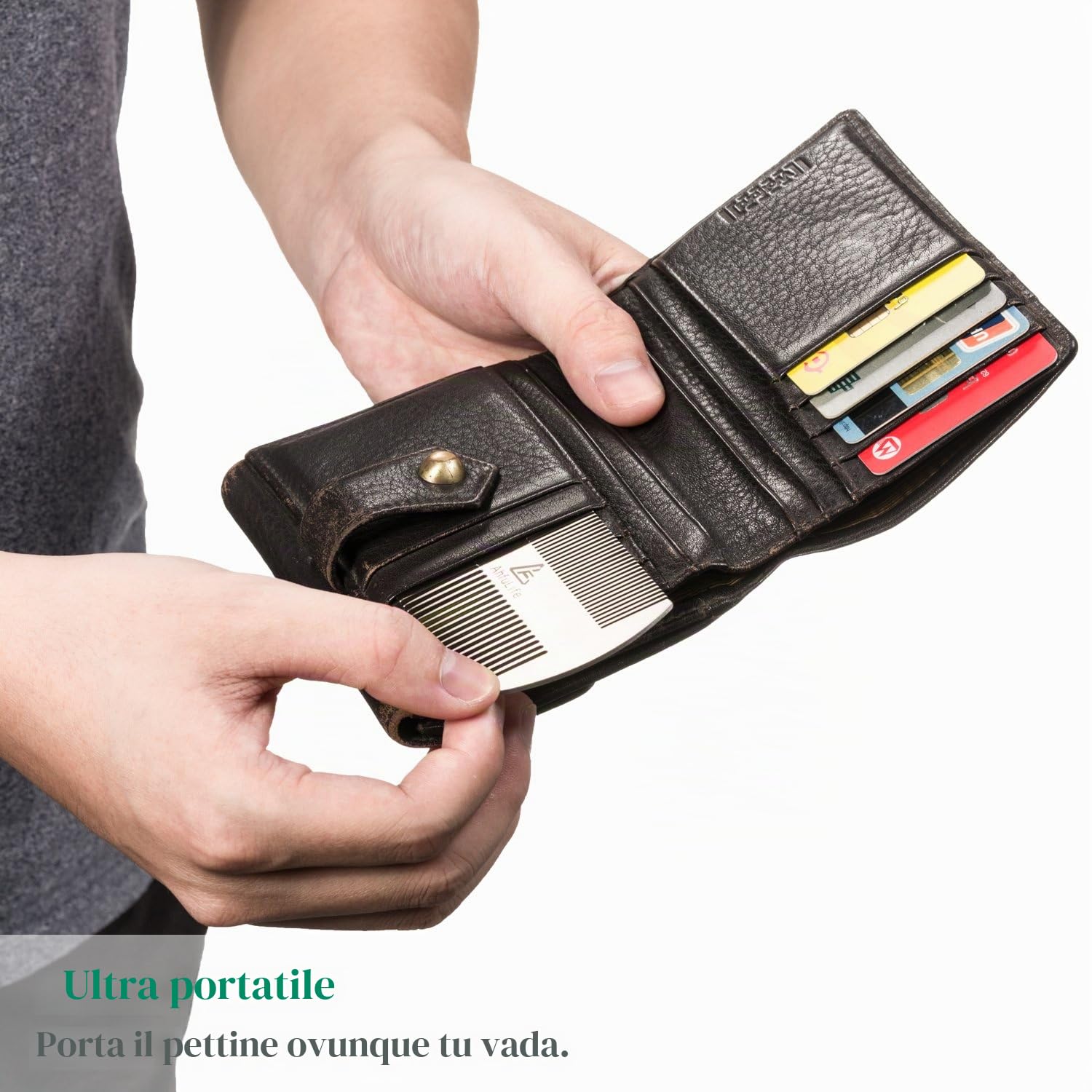 AhfuLife Pettine per Capelli e Barba, Pettine in Acciaio Inossidabile Argentato - Formato Carta di Credito, Design Antistatico e Doppia Azione, Perfetto per Portafoglio, Tasca e Uso Personale