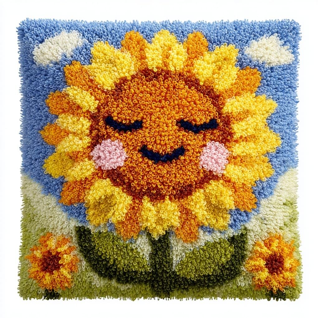 WallustrioaW Latch Hook Cushion Kits,Smiling Sunflower,Latch Hook Pillow Case Kits Embroidery Carpet Set,DIY Needlework Sofa Cushion,17x17in