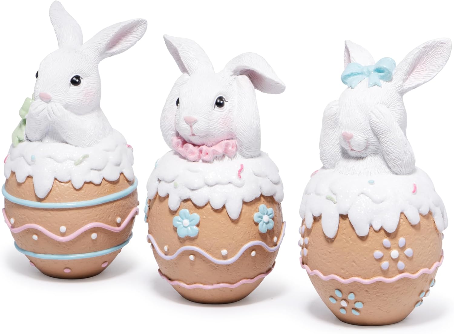 Hodao Easter Bunny Figurines Set of 3 – 5.3" Hand-Painted Resin Decorations with Pastel Easter Egg Design – Perfect for Spring Décor, Tabletops, and Festive Displays (Brown 3pcs) - Image 5