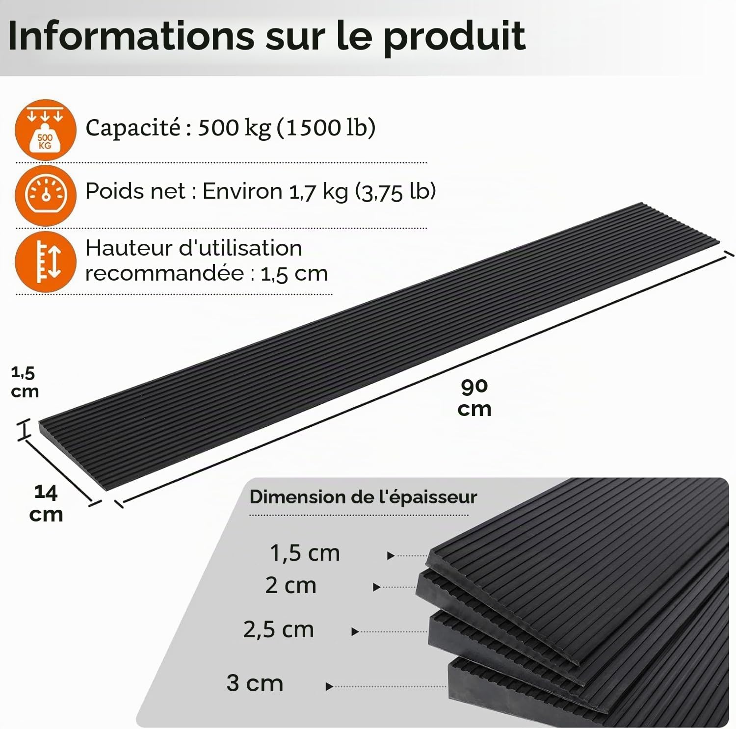Rampe de seuil de 1,5 cm, en Caoutchouc antidérapant | pour portes, allées, salle de bain, piédestal surélevé pour fauteuils roulants, scooters, déambulateurs