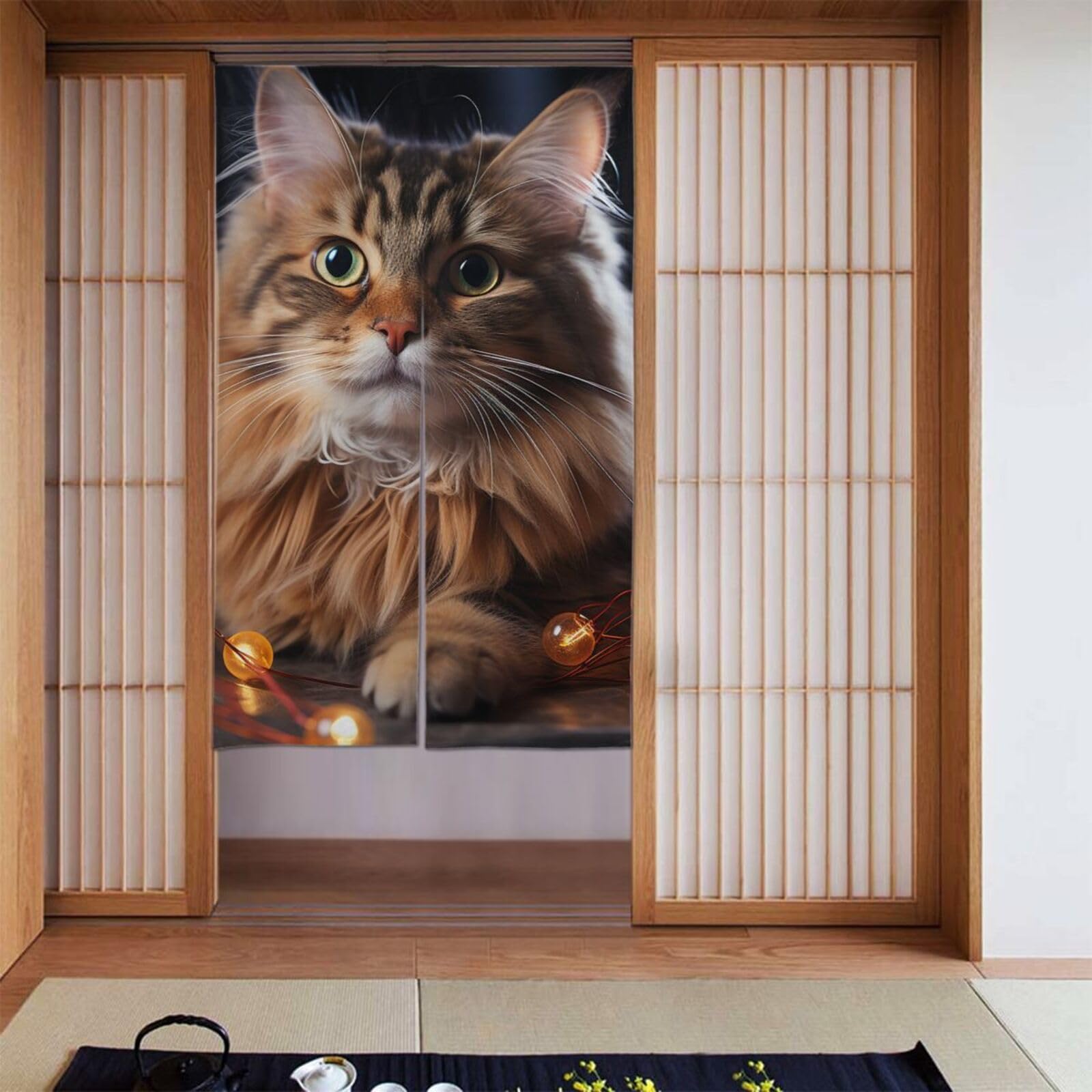 Rideau de porte occultant motif chat 86x142 cm pour séparation de chambre