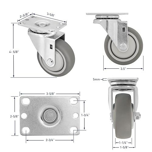 Miniatura 2 de SY America 3.5" 4 Pack Plate Caster, Thermoplastic Light Heavy Duty Rubber Gray Swivel Caster, Top Plate Casters, 1200 lbs Total Capacity