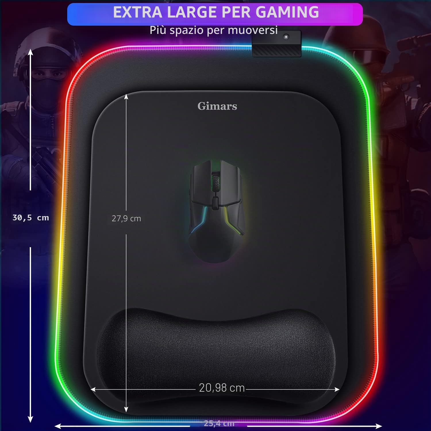 Gimars Tappetino Mouse RGB Poggiapolsi, 10 Modalità LED, 304x254mm Mouse Pad XL Ergonomico, Poggiapolsi Mouse Gaming Base in Gomma Antiscivolo, Tessuto in Lycra per Laptop, PC, Ufficio