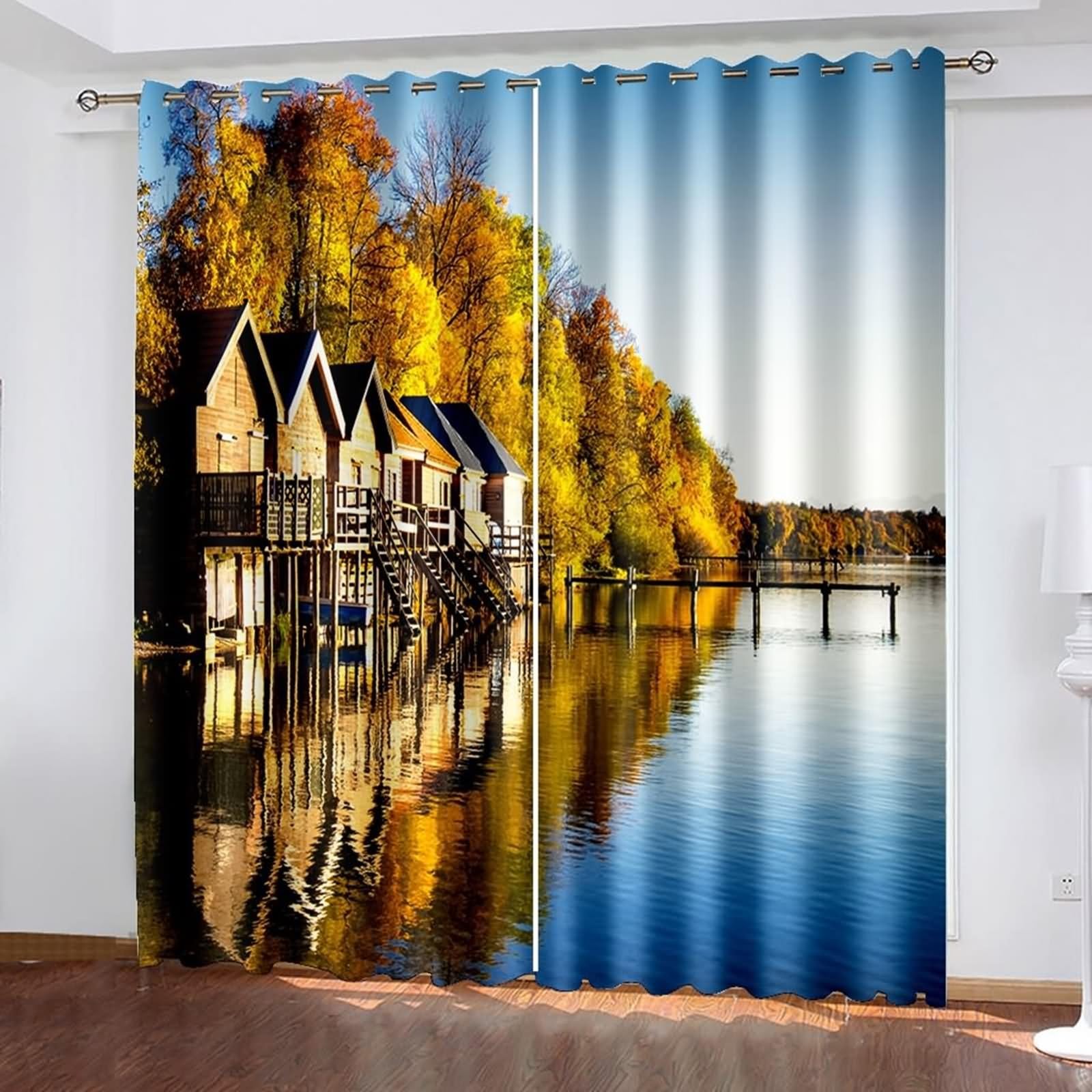 Gardine Landhausstil, Küchenvorhänge Gelb Blau Seehaus und Bäume Landschaft Polyester 2er Set 428x274cm