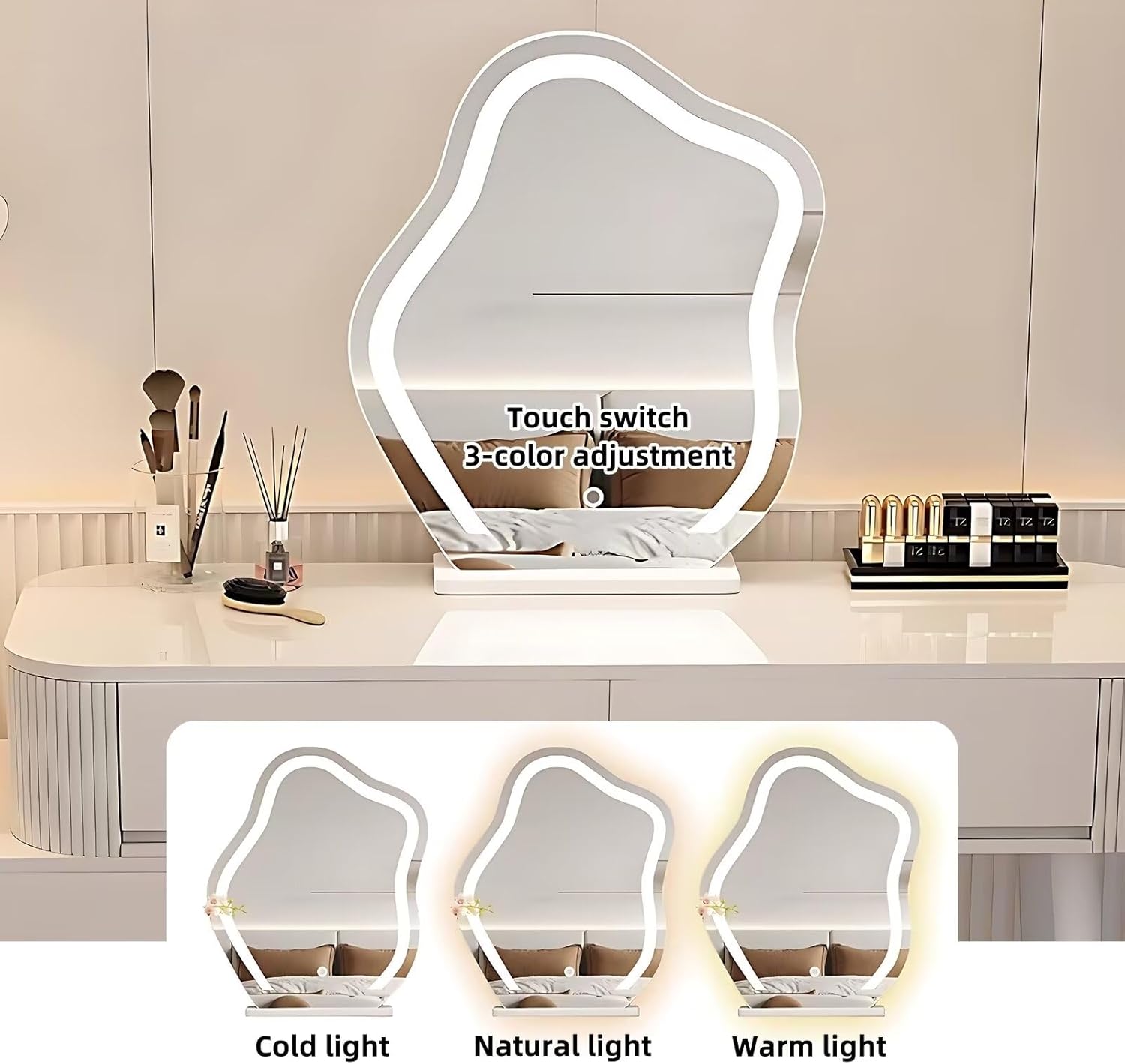White Makeup Vanity Desk - Vanity Set with Mirror and LED Lights & Makeup Chair, Modern, Bedroom Dressing Table Include 5 Solid Wood Drawers, Suitable for Her (47'')