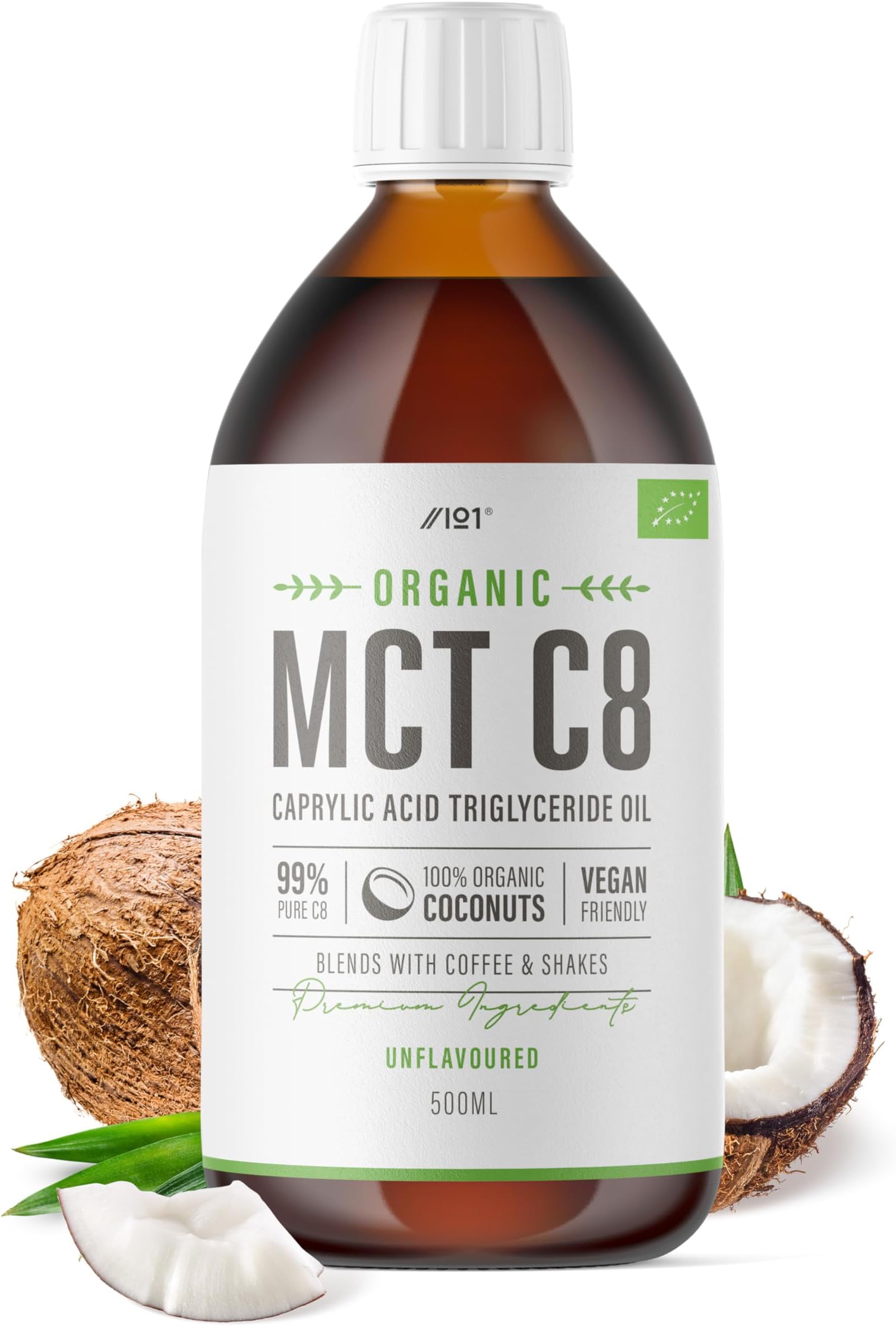 Organic C8 MCT Oil - 500ml - 100% Pure Cold Pressed C8 MCT - Premium Coconut Oil, Sustainably Sourced, Add to Coffees or Shakes, Boosts Ketones 3X More Than Other MCTs