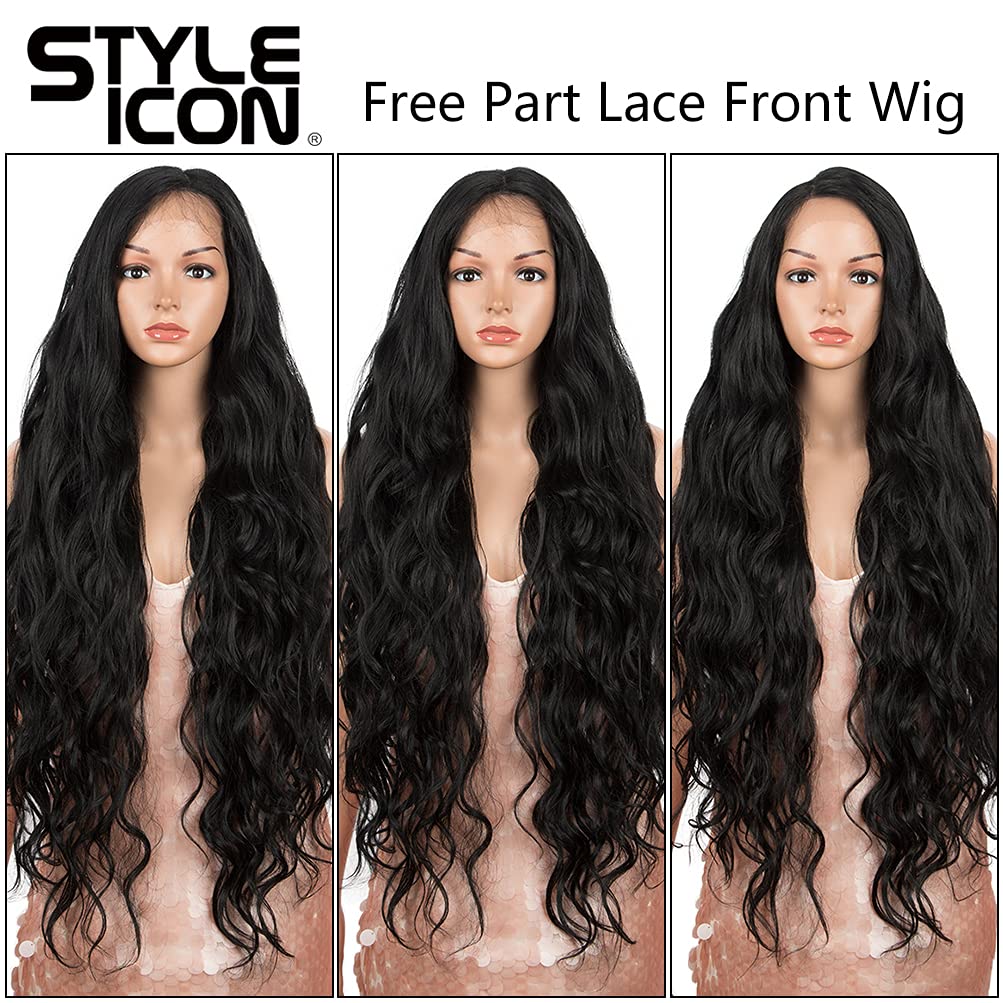 Style Icon Easy-360 36" Free Part Lace Frontal Wigs Super Long Multi-Layered Big Curl Wig Synthetic Wig (36 Inches, 1B)