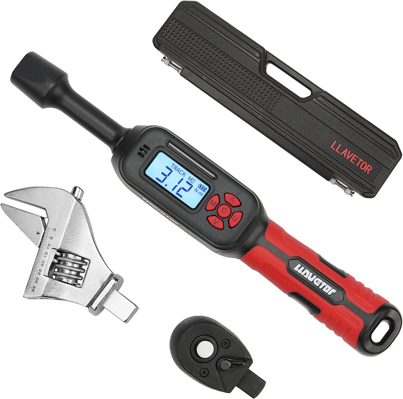 3/8" Drive Digital Torque Wrench, Digital Adjustable Torque Wrench 3PC Set, Interchangeable Head (Flex/Static/Ratcheting), 3-135N.m Wide Range, ±2%, LCD for Automotive Repair, Motorcycle, DIY