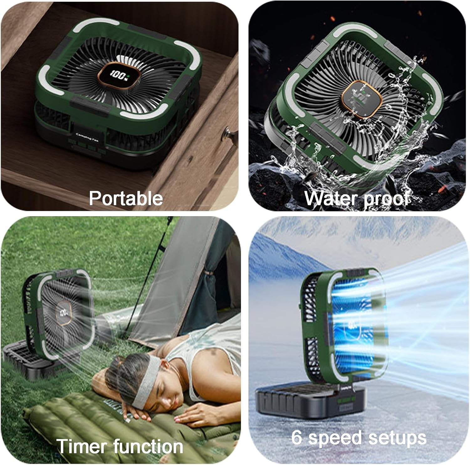 Foldable Solar Fan, Portable, 6-speed Setups, Timer Mode, ABS, Water Proof, Wireless, Office Desk Fans, Wide-angle Airflow, for Outdoor Camping, Bedrooms, and Kitchens