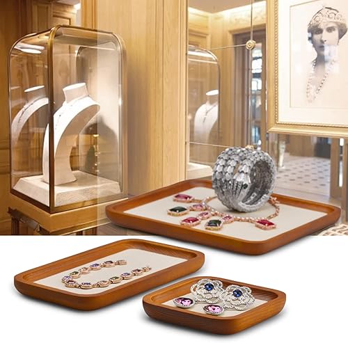 Miniatura 3 de Oirlv Bandeja de exhibición de joyas de madera maciza Bandeja pequeña para joyas, anillos, aretes, pulseras, collar, organizador (pequeño, blanco
