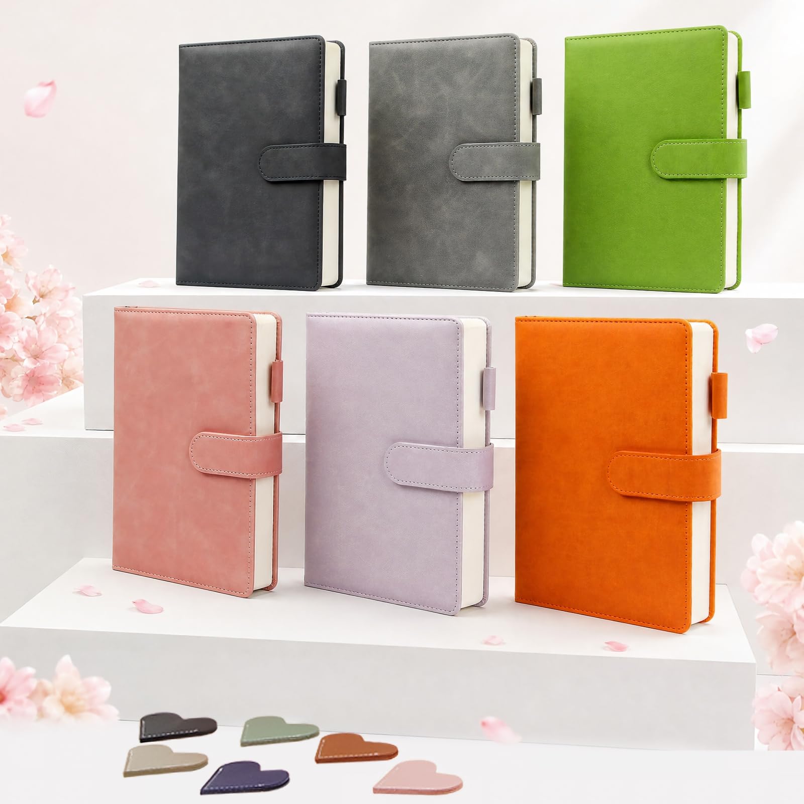 Juego de cuaderno de cuero para regalo, diario de tapa dura A5 con bolígrafo y 6 marcadores de corazón, caja de regalo + bolsa (rosa)