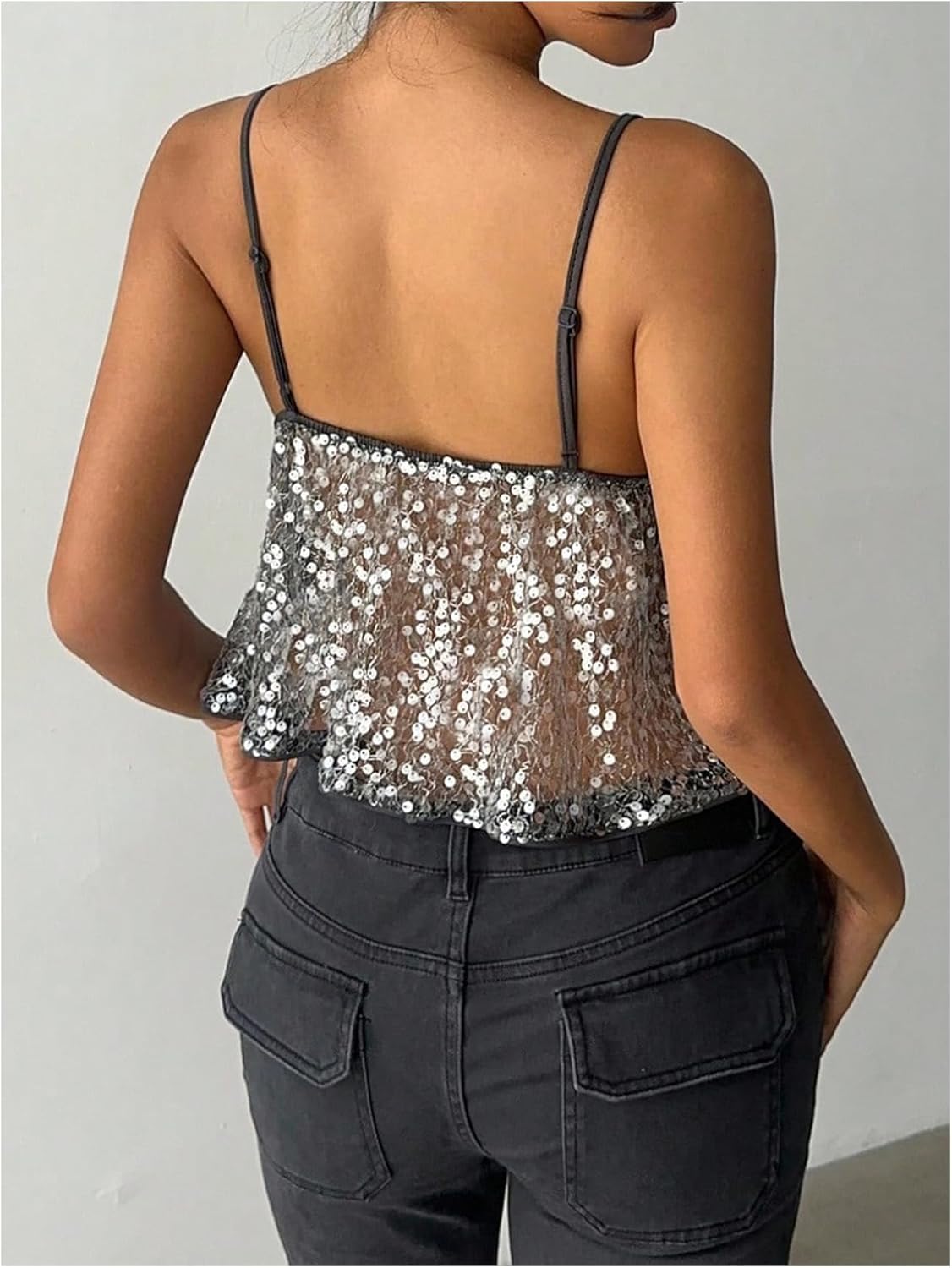 Floerns Women's Sequin Cami Tops Sleeveless V Neck Sheer Mesh Ruffle Hem Night Out Camisole - Image 3