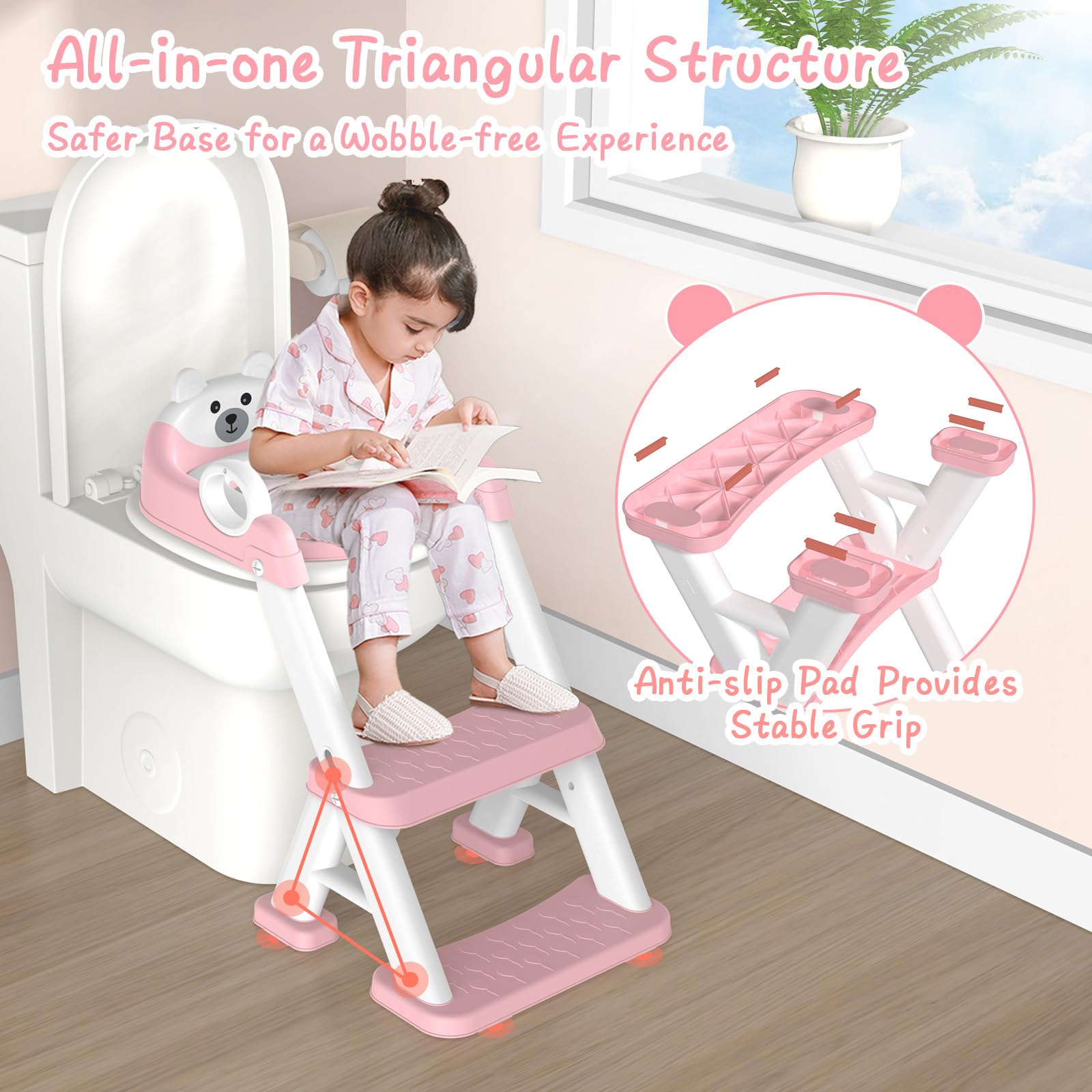 Riduttore WC Bambini, Sedile Rialzato per Bambini Maschi e Femmine, Riduttore WC 2 in 1 con Scaletta, Riduttore WC Sedile del Water con Seggiolino per Bambini, Pedana Antiscivolo Anti-Spruzzo, Rosa