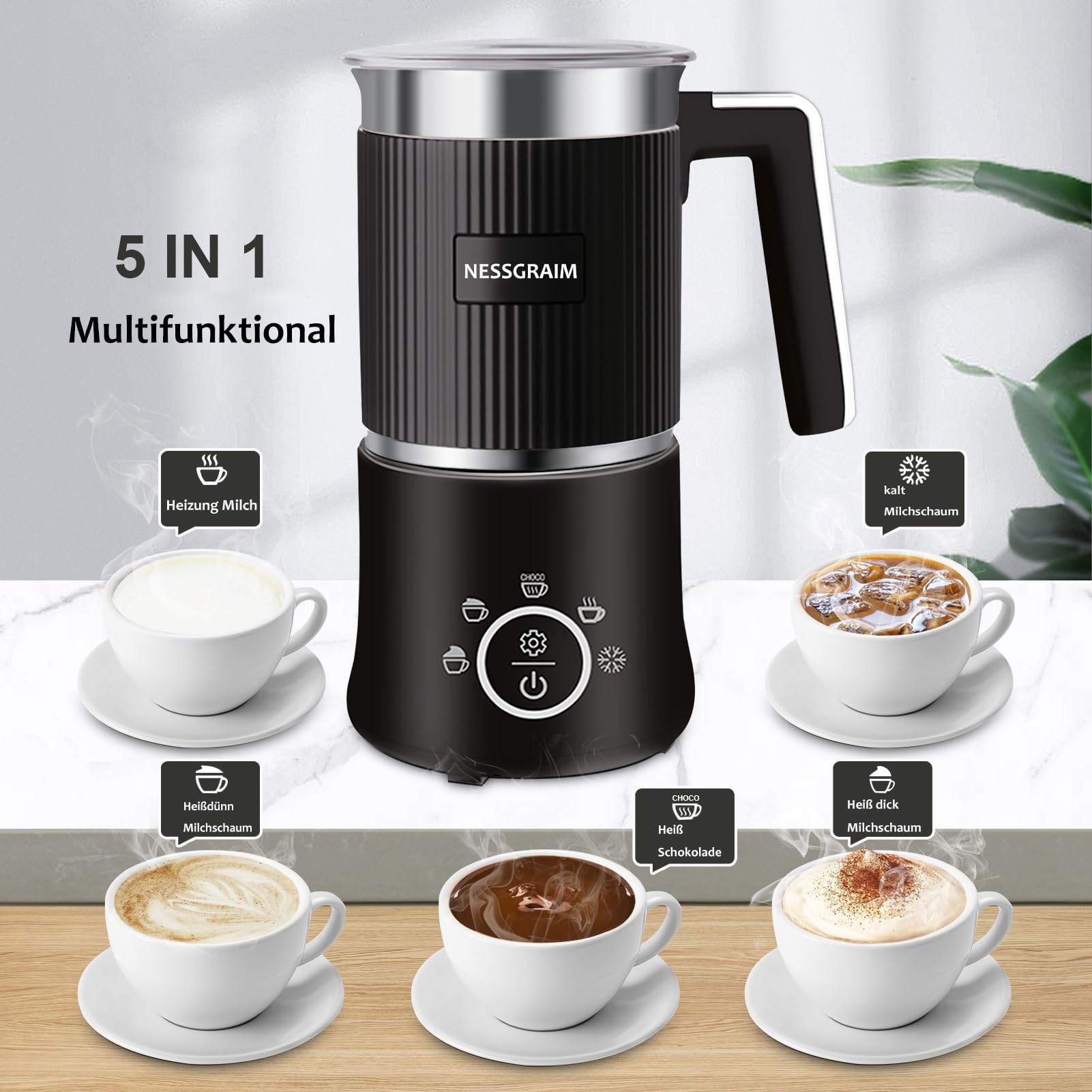 Milchaufschäumer Elektrisch 5-in-1, Milchschäumer Spülmaschinenfest mit Kakao Funktion für heißer Schokoladen, Heißer/Kalter Milchschaum, Warme Milch, 220V (Schwarz)
