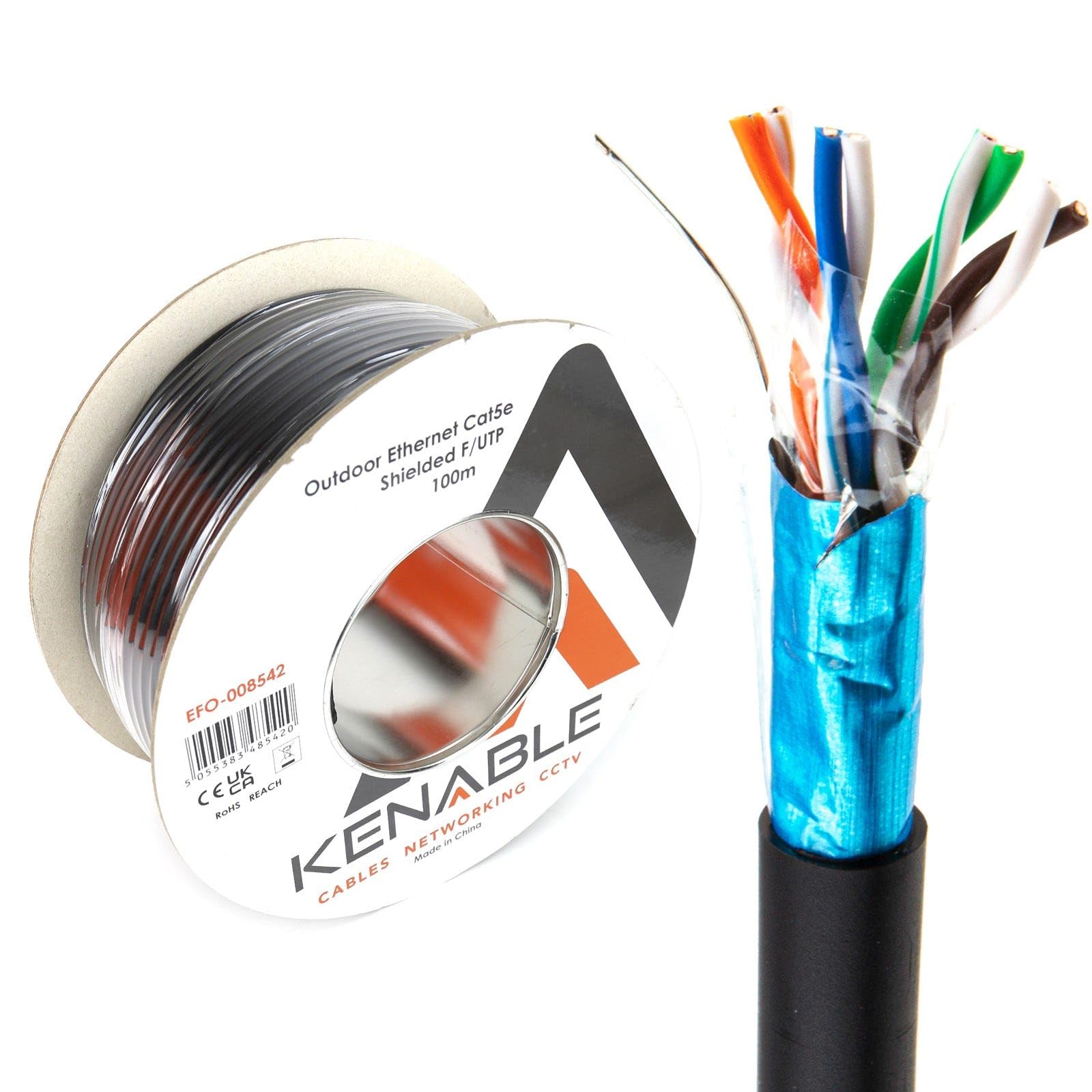 kenable Cable Ethernet Exterior CAT5e Apantallado F/UTP Cobre Puro 24AWG Bobina 100m Resistente UV