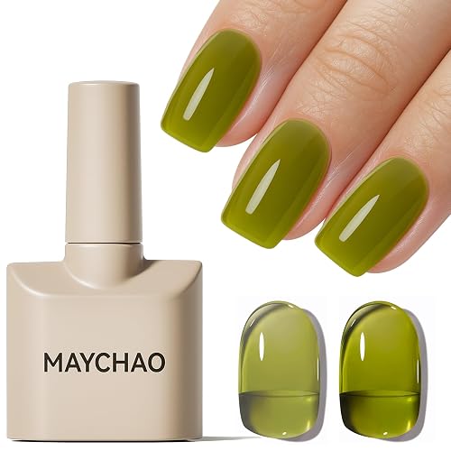 MAYCHAO 15ML Jelly Green Gel Nail Polish 1Pc Transparent Green Gel Polish Soak Off UV LED Translucent Nail Varnish Neutral Color for Nail Art Starter Manicure Salon DIY at Home, 0.5 OZ