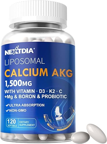 Suplemento AKG de calcio liposomal de 1500 mg con cápsulas blandas de vitamina D3 y K2 para mujeres y hombres│ Alta absorción│Suplementos de calcio