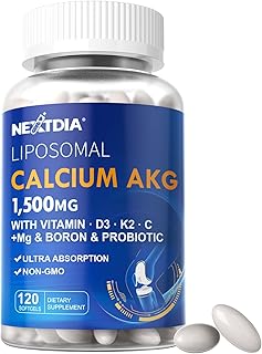 Liposomal Calcium AKG Supplement 1500mg with Vitamin D3 & K2 Softgels for Women & Men│ High Absorption│Calcium Supplements with Magnesium Glycinate, Boron, Probiotics & Vitamin C for Bone - 120 Pills
