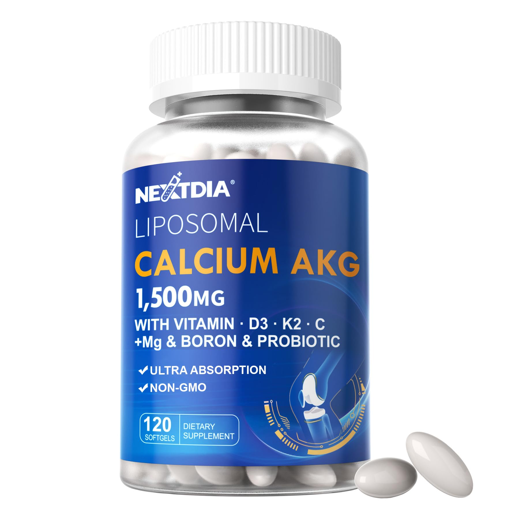Liposomal Calcium AKG Supplement 1500mg with Vitamin D3 & K2 Softgels for Women & Men│ High Absorption│Calcium Supplements with Magnesium Glycinate, Boron, Probiotics & Vitamin C for Bone - 120 Pills