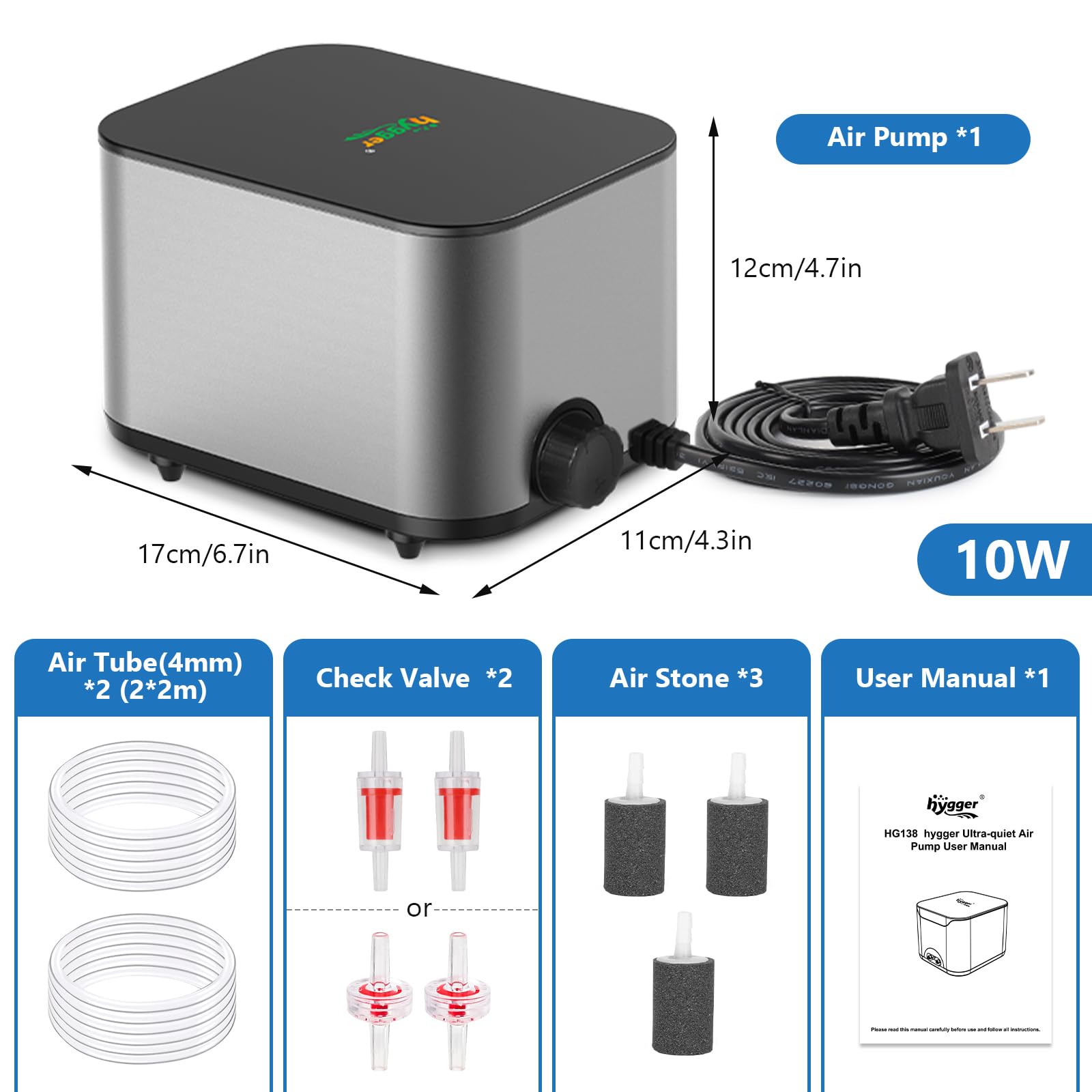 hygger Luftpumpe Aquarium Sauerstoffpumpe Aquarium Leise, ≤30db Ultra-Leise, 2 Luftauslässen, 6W 12L/Min, 10W 18L/Min, Regelbare Sauerstoffpumpe für Aquarien mit Allem Zubehör