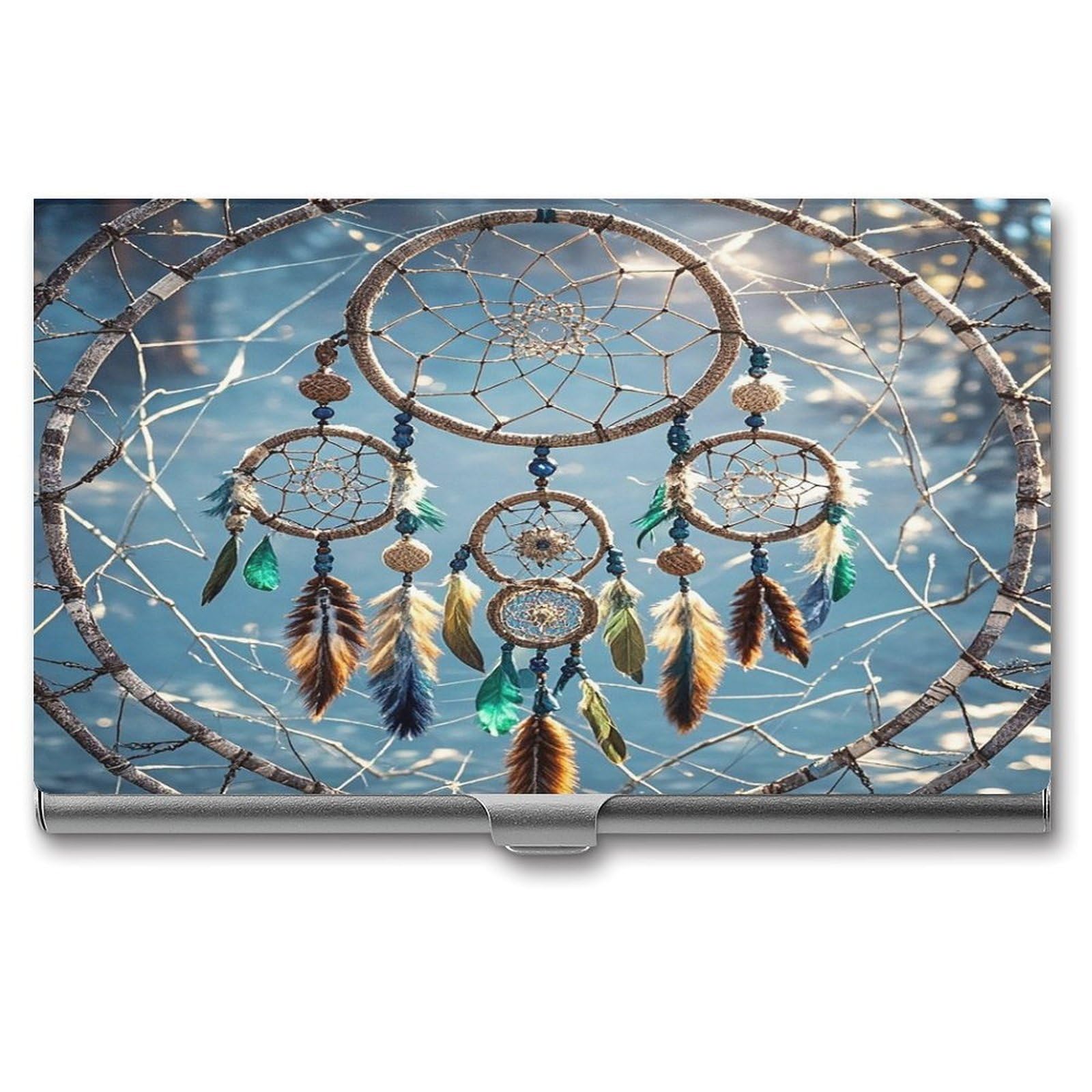 FekiLoot Dream Catcher Business Card Holder for Men Women Metal Slim Organizer Business Card Carrier Wallet Name Cards Holder Retro Slim Pocket Purse Small Portable Card Case