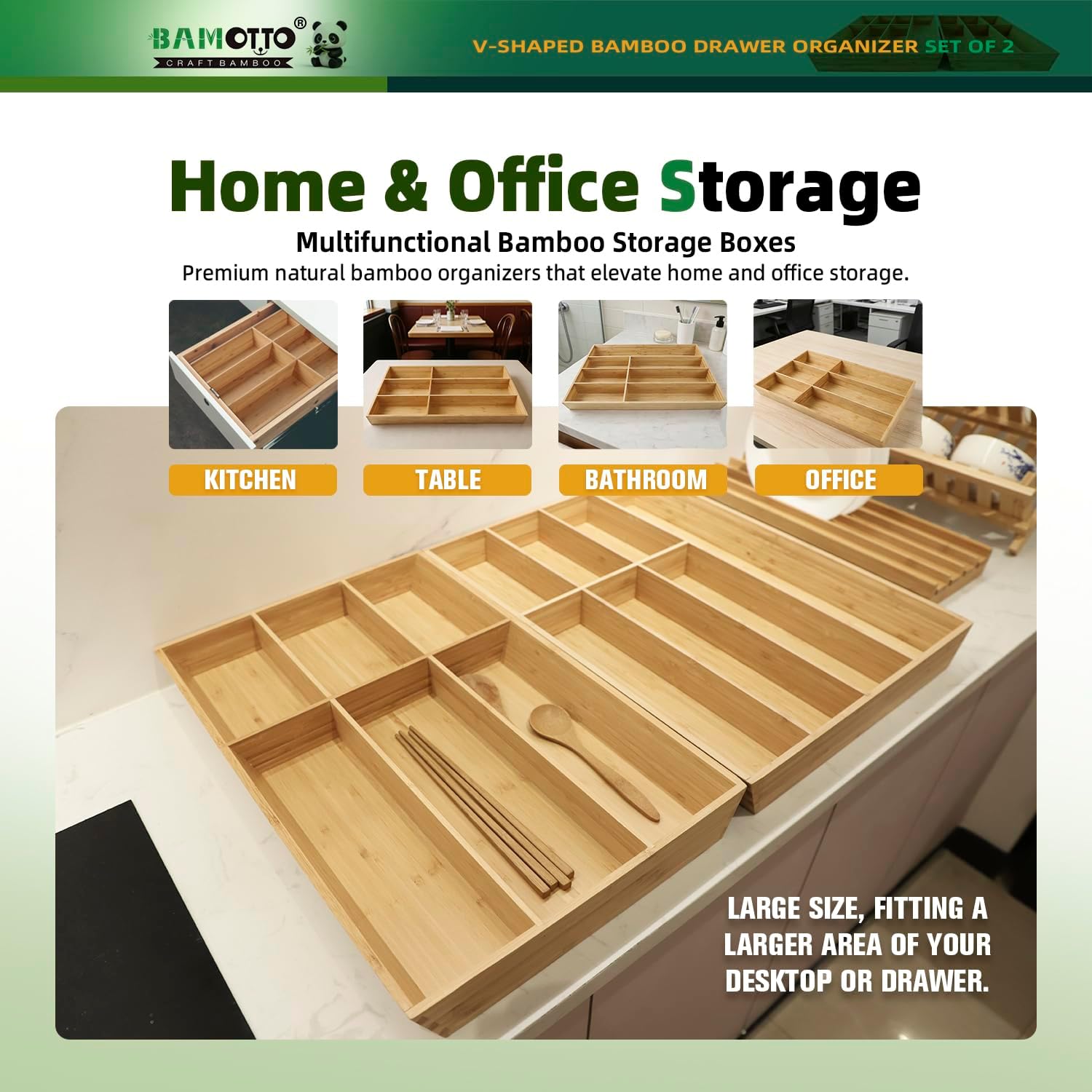 13 Slot V-Shaped Bamboo Drawer Organizer Set of 2, Extra Large Cutlery Tray - Easy Reach Flatware Silverware Utensil Storage for Kitchen (19.6"x14.6" & 19.6"x12.4")