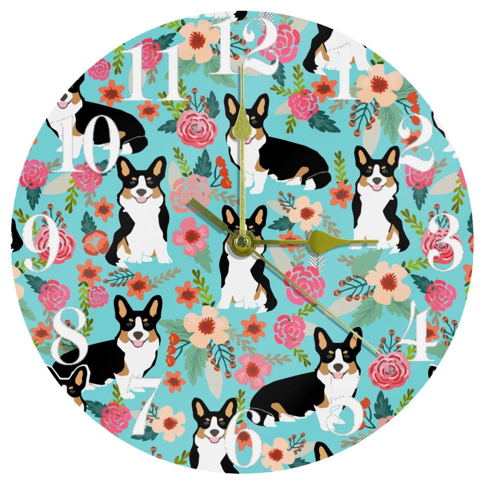 Horloge murale Corgi décorative avec fleurs, cadran coloré pour égayer la cuisine