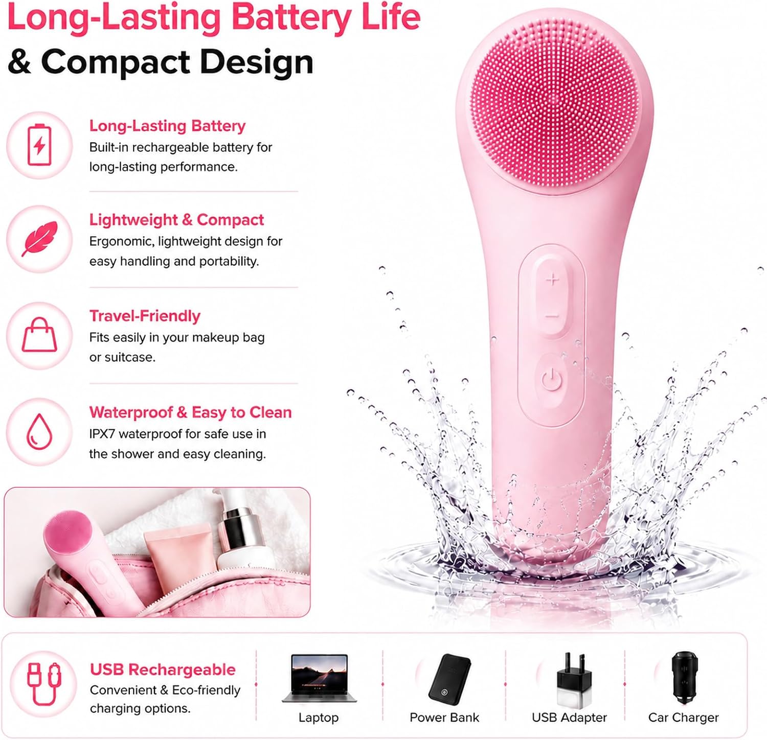Silicone Face Scrubber, IPX7 Waterproof and Rechargeable Face Scrub Brush with 5 Speeds Vibration Technology, Facial Clean Brush Deep Cleaning, Exfoliating Face Brush& Massaging for Women Men (Pink)