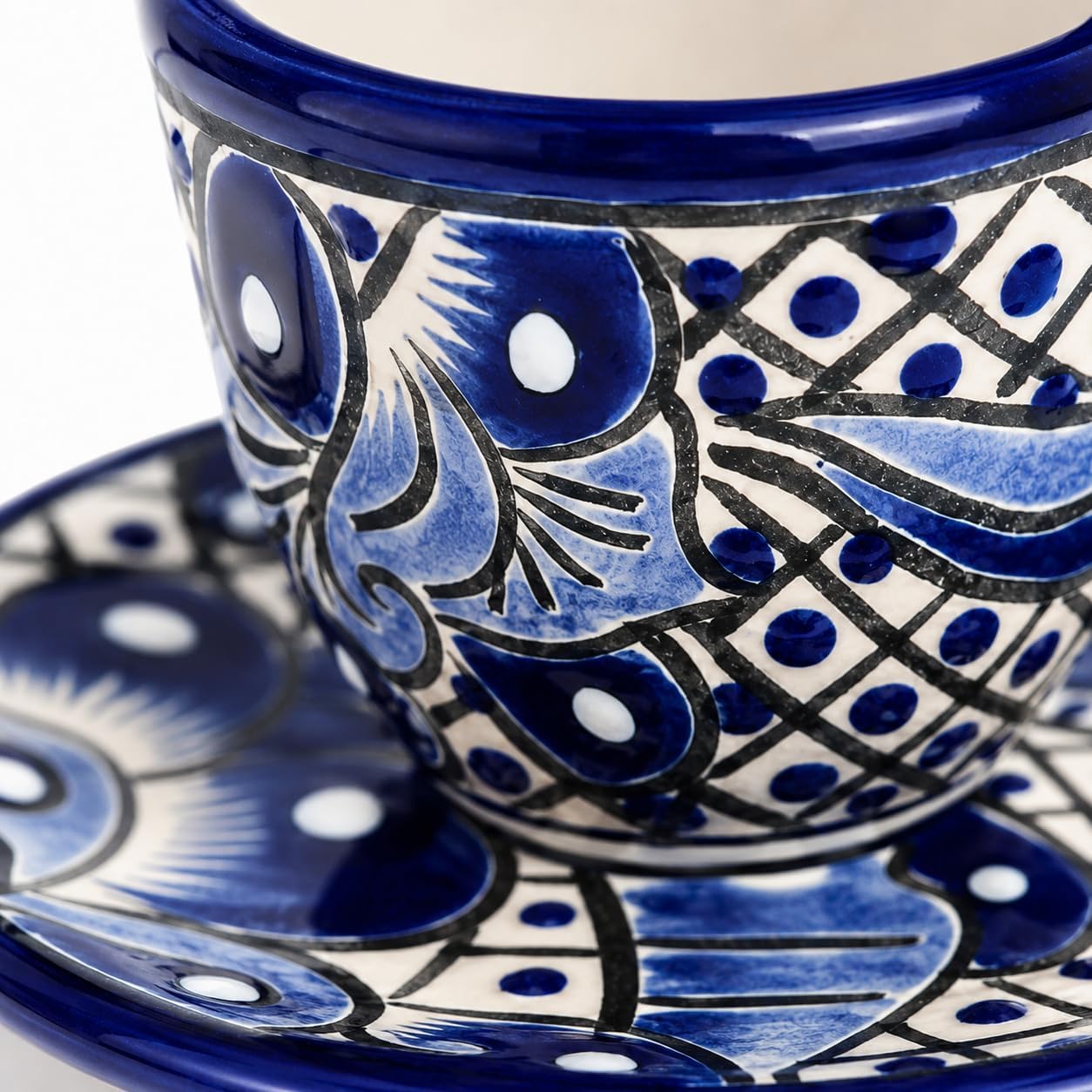 Talavera Espresso Coffee Ceramic Floral Cup and Saucer - Blue and White -2 ounces in Gift Box for Family - Cafe Espresso Azul y Blanco