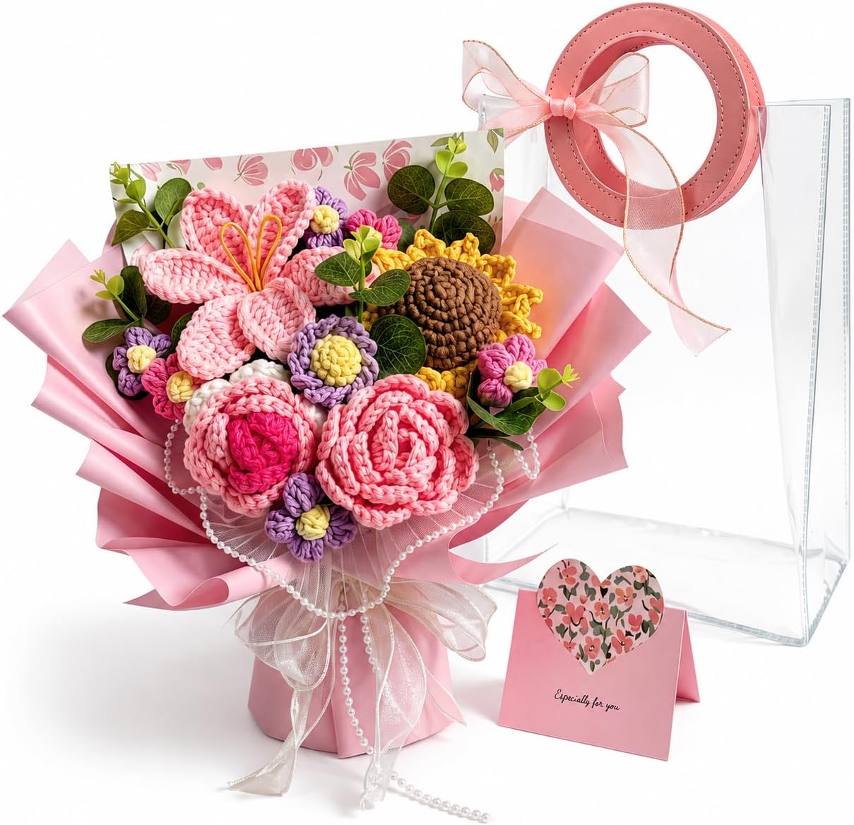 Crochet Flower Bouquet, Handmade Rose Tulip Daisy Sunflower Gift for Women