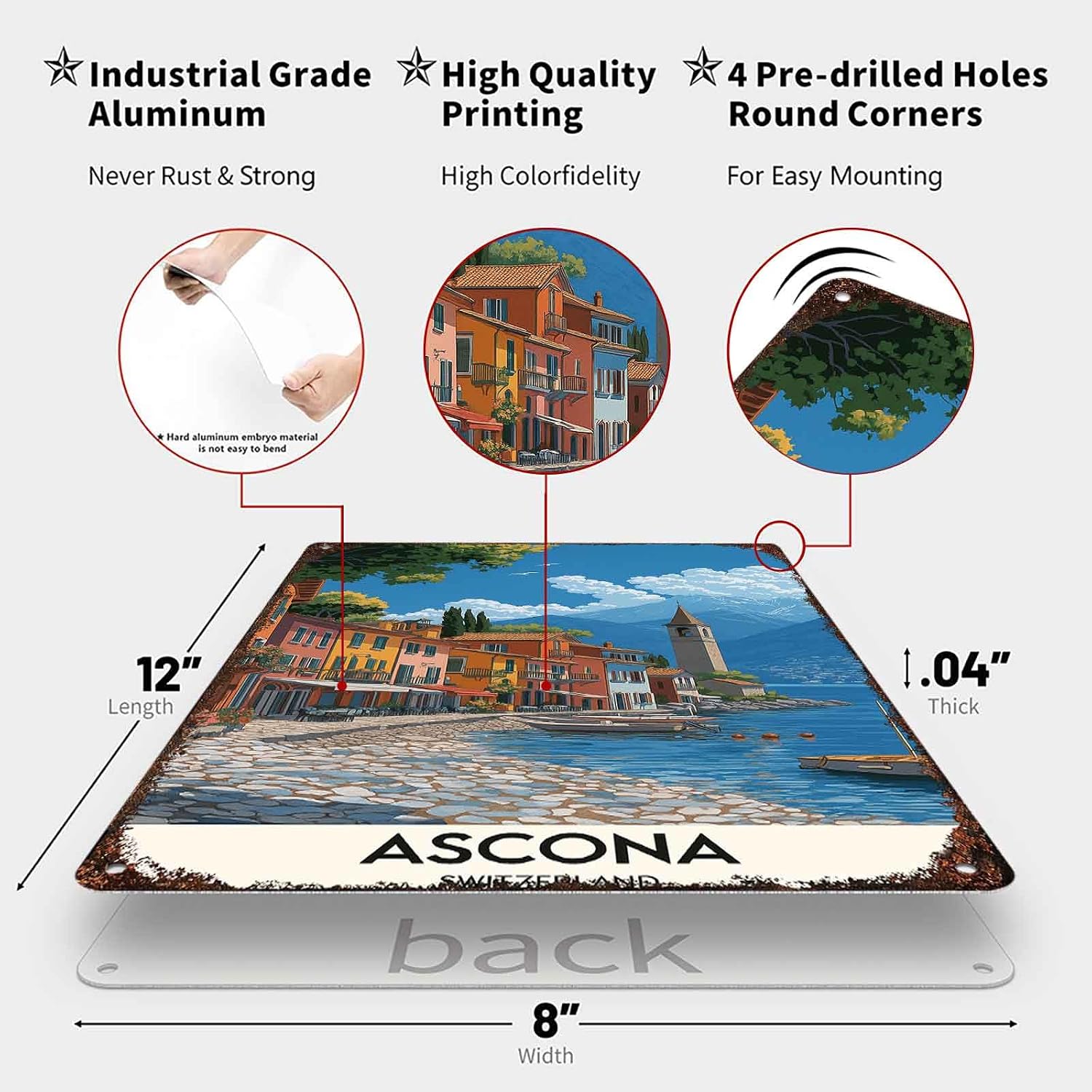 Ascona Switzerland Landscape Vintage Travel Aluminum Metal Sign 8 x 12 Inch image 2