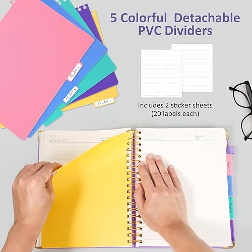 Miniatura 6 de Cuaderno en espiral de tapa dura, cuadernos B5 grandes de 8 x 10 pulgadas con pestañas divisorias extraíbles, 300 páginas de cuero de 5 materias,