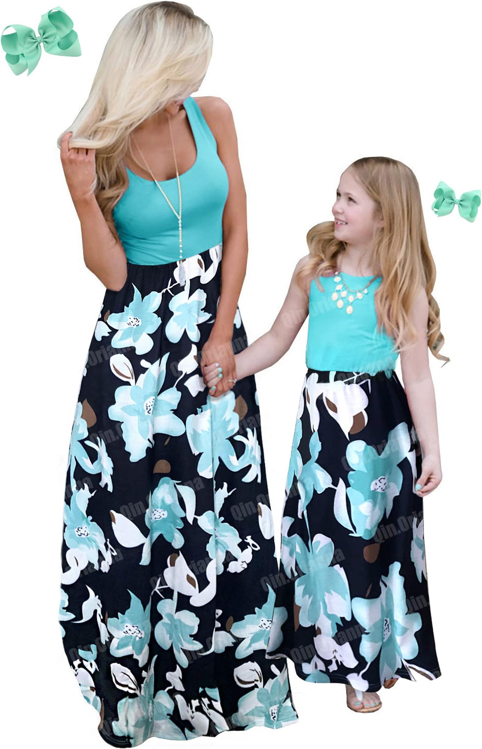 Qin.OriannaMommy and Me Boho Floral Family Matching Maxi Dress with Pocket for Mother’s Day Green