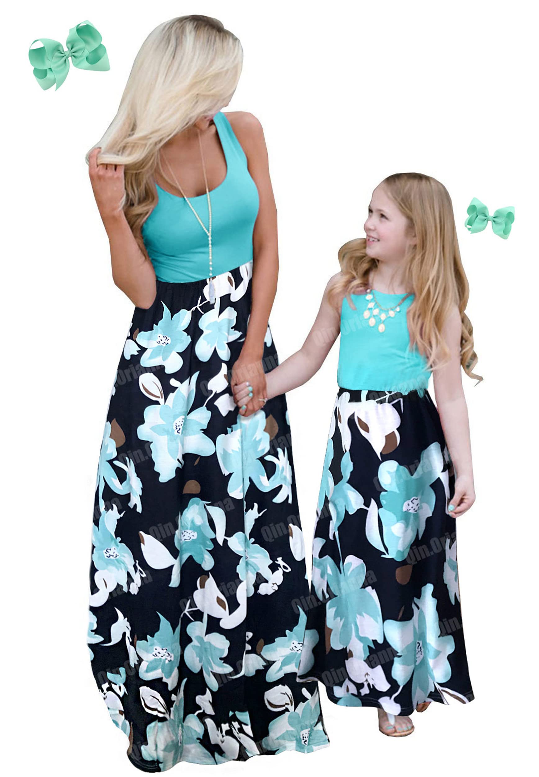 Qin.OriannaMommy and Me Boho Floral Family Matching Maxi Dress with Pocket for Motherâ€™s Day Green