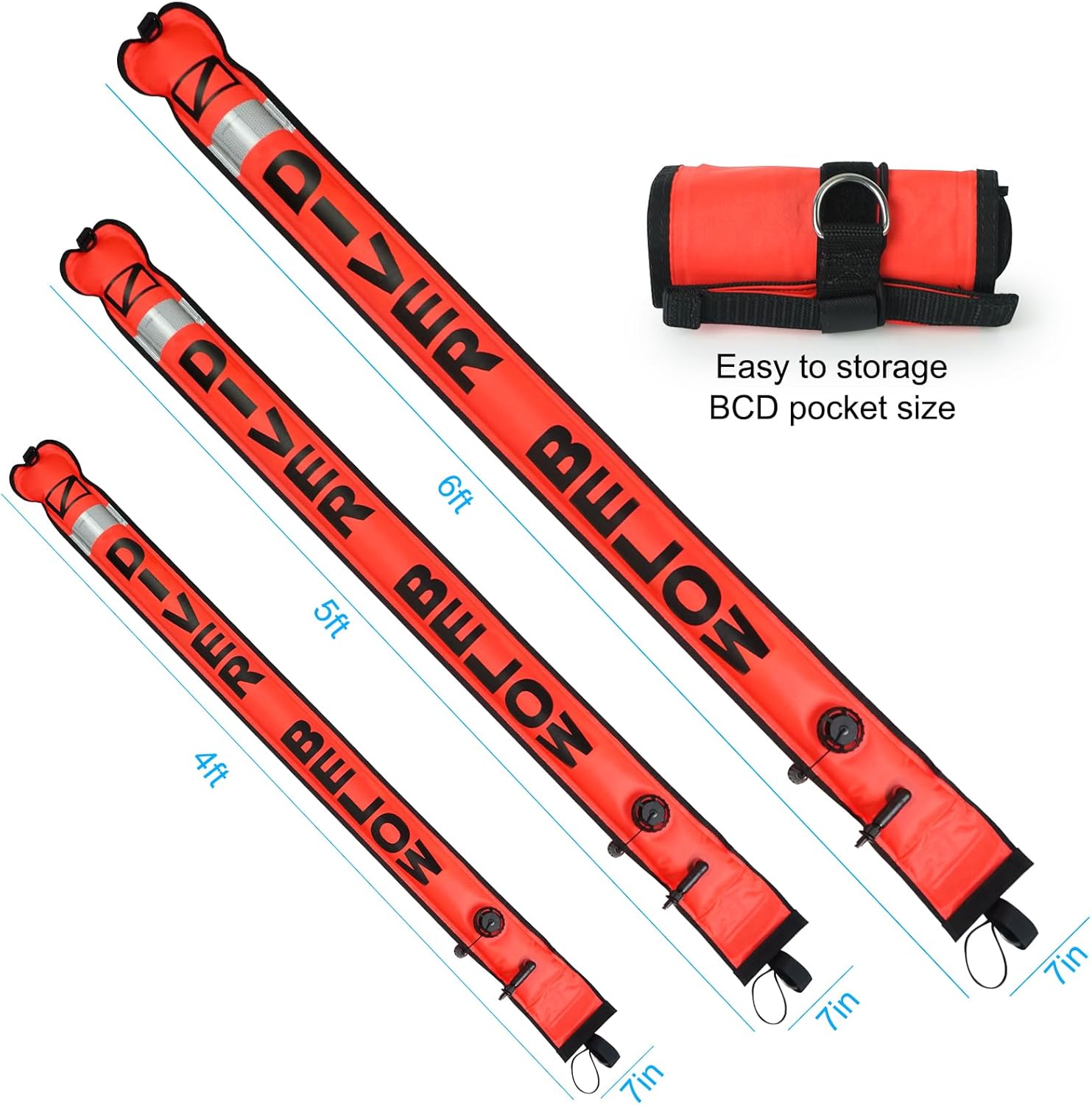 Luwint Surface Marker Buoy 7in Width x 4ft/5ft/6ft Tall, Scuba Diving SMB Safety Sausage Signal Tube, Hi-Visibility Bright Orange Open Bottom Reflective Strip
