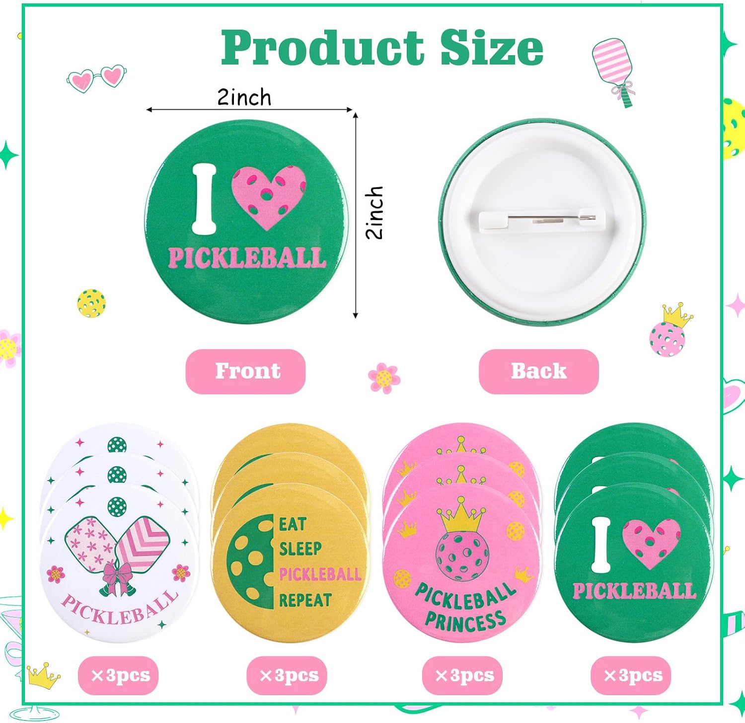 Serencatcher Pickleball Button Pins - 12 Pcs Pink and Green Pickleball Themed Tinplate Badges, 2 Inch 4 Designs for Women Sports Theme Party Favors Tournament Team Events