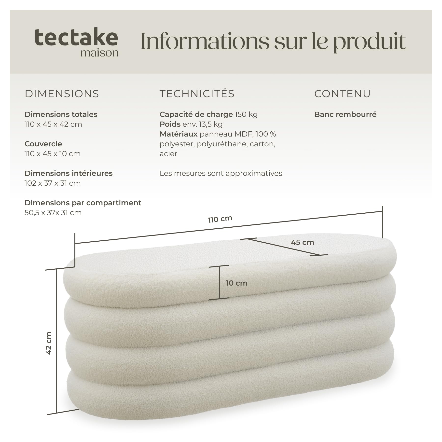 tectake® Banc rembourré avec Rangement, 110 x 45 x 42 cm, Max. 150 kg, Banc de Rangement, Bout de lit Coffre, Coffre avec Couvercle, Meuble Salon, Entrée, Chambre, Dressing - Bouclé Crème