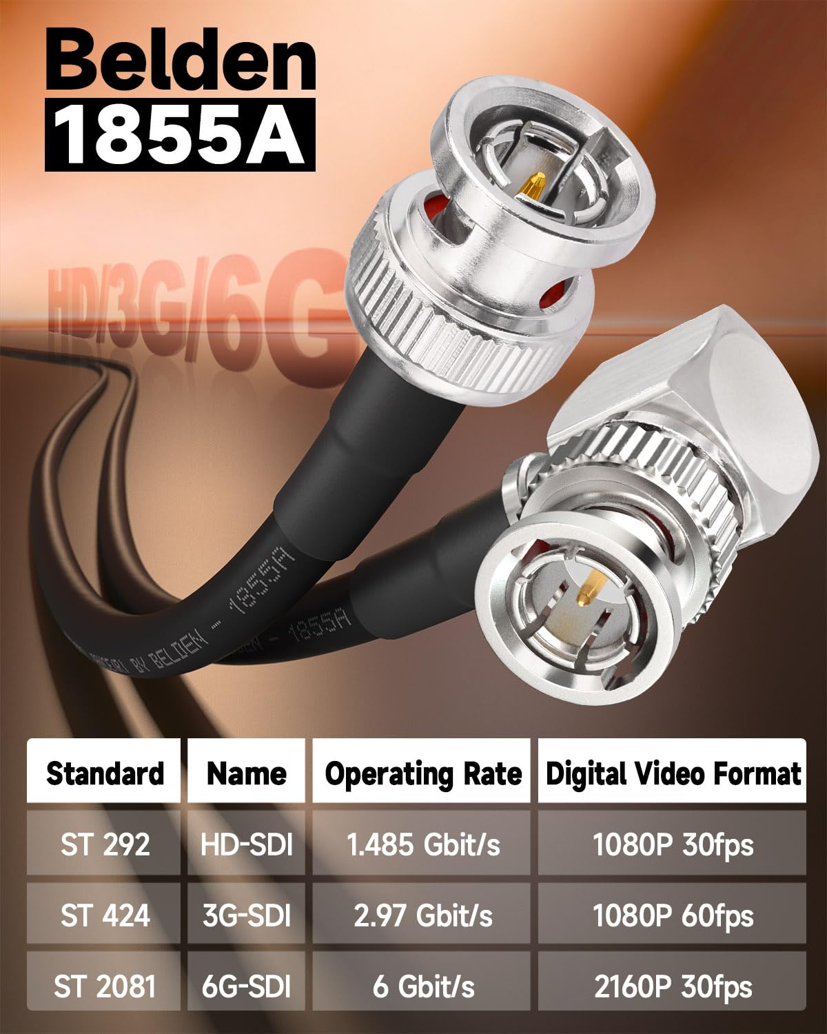 Superbat Cable de 3G/6G/HD SDI 2m,2Pieza Cable BNC Belden 1855A Cable 75ohm Macho a Macho en Ángulo Recto de Video SDI Soporta HD-SDI/3G-SDI/4K para Cámara Transmisión CCTV Monitor Conversor SDI etc.