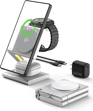 4 in 1 Wireless Charging Station for Samsung, Foldable Aluminum Magnetic Charger with LED Light for Samsung Galaxy S25/Ultra/S24/S23/S22, Galaxy Watch 8/7/6/5, Galaxy Buds/Pro