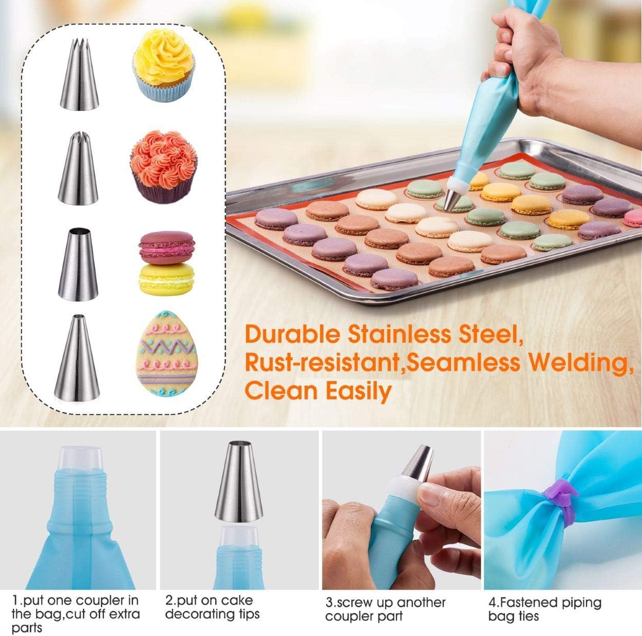 Macaroon Baking Kit Silicone Mat - Macaroon Baking Set Silicone Baking Mat 1 Quarter Sheet and 2 Half Sheet Macaron Baking Mat,Macaron Mat Baking Sheet,2 Piping Pastry Bag with Bag Tie,6 Piping Tips