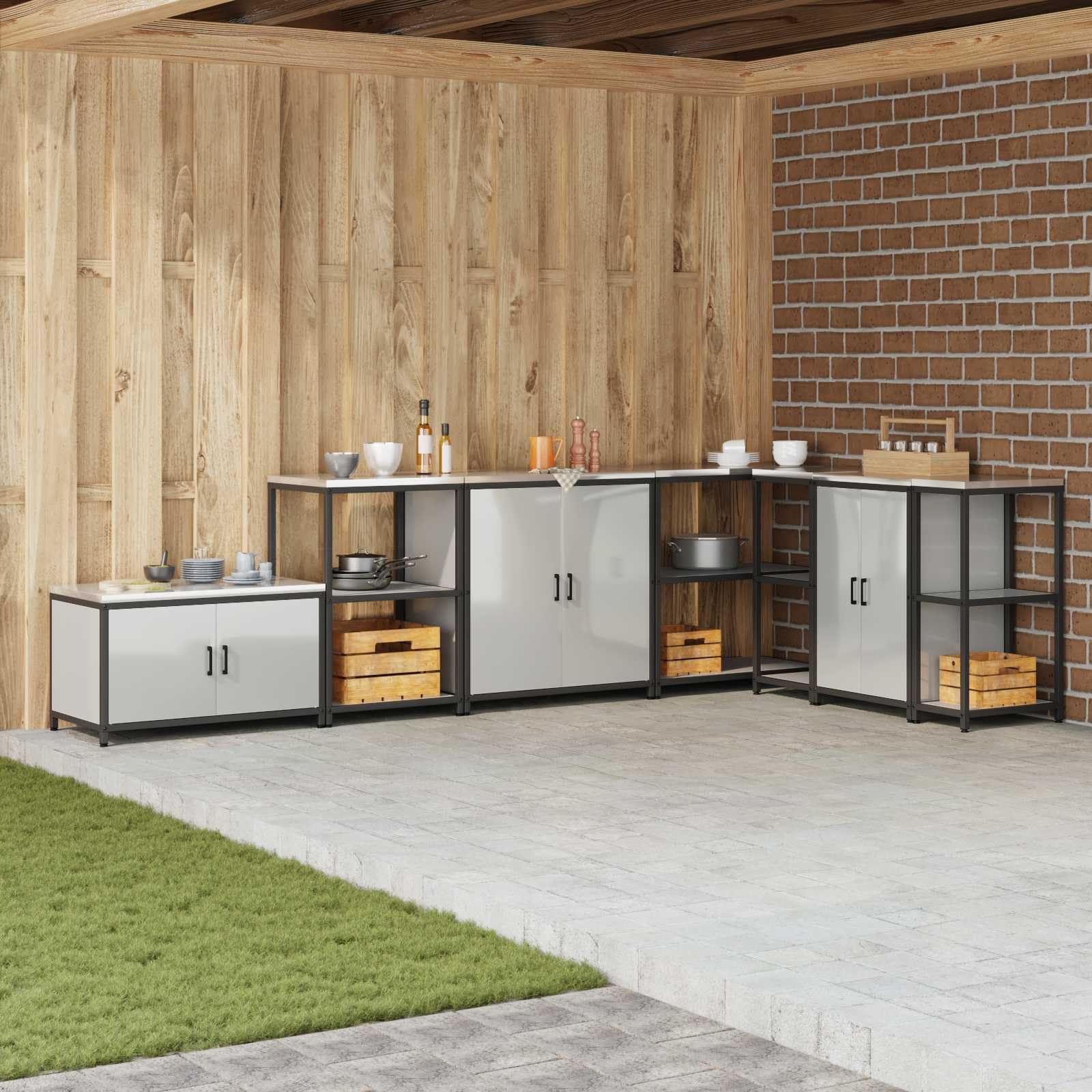 Stahl Küchenaufbewahrung HATTEM Silber, 60 x 50 x 92 cm Regal Lagerung für Vorräte, Mehrzweckschrank für Esszimmer Küche Balkon Garten Ordnung